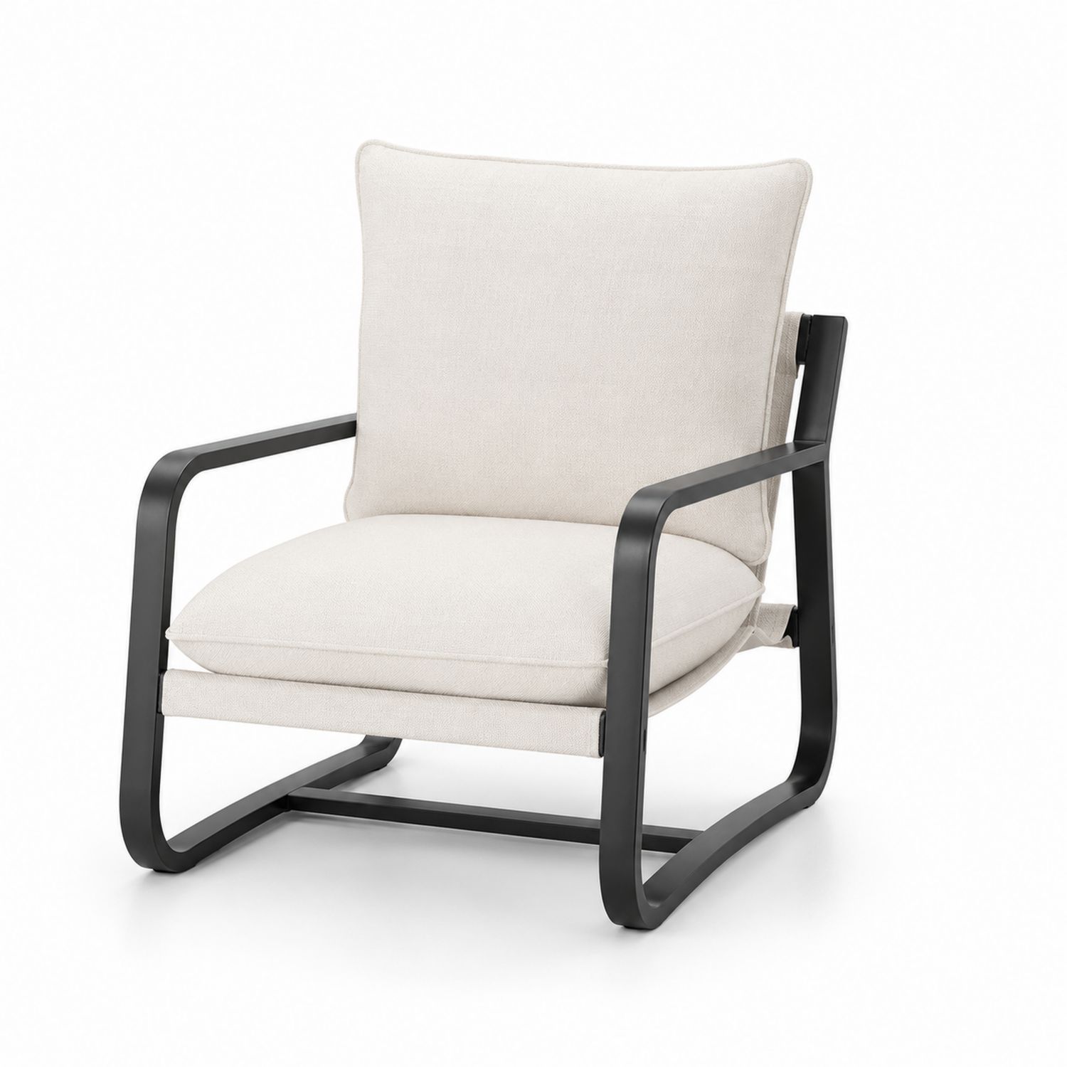 Fauteuil en tissu beige avec cadre en métal noir
