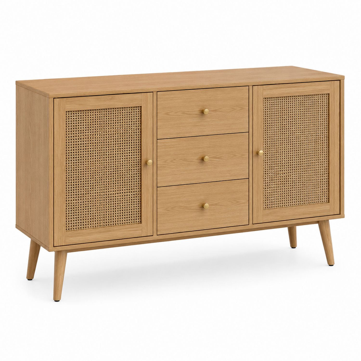 Buffet en bois de chêne avec tiroirs et portes en rotin