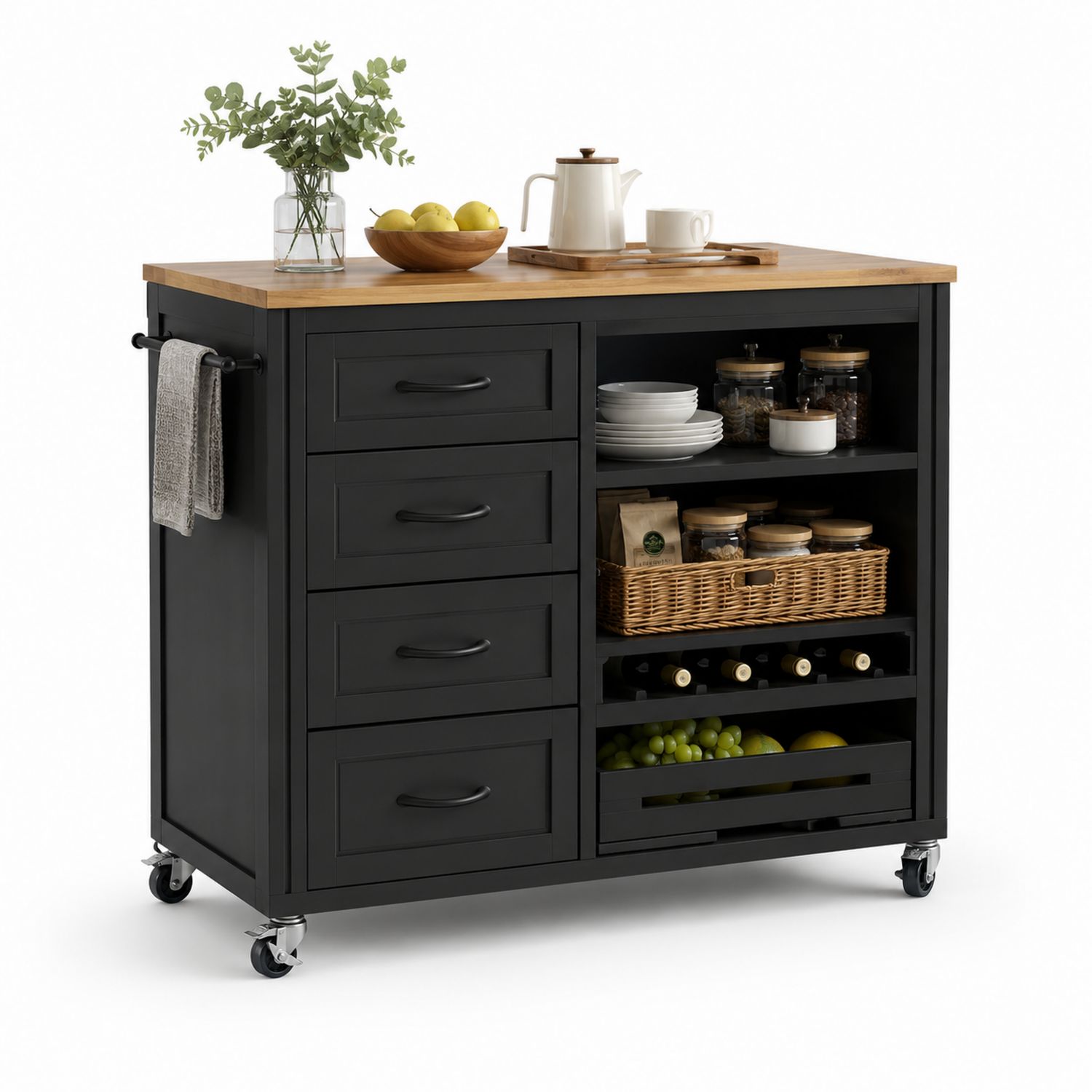 Chariot de cuisine en bois avec tiroirs et étagères ouvertes - Noir