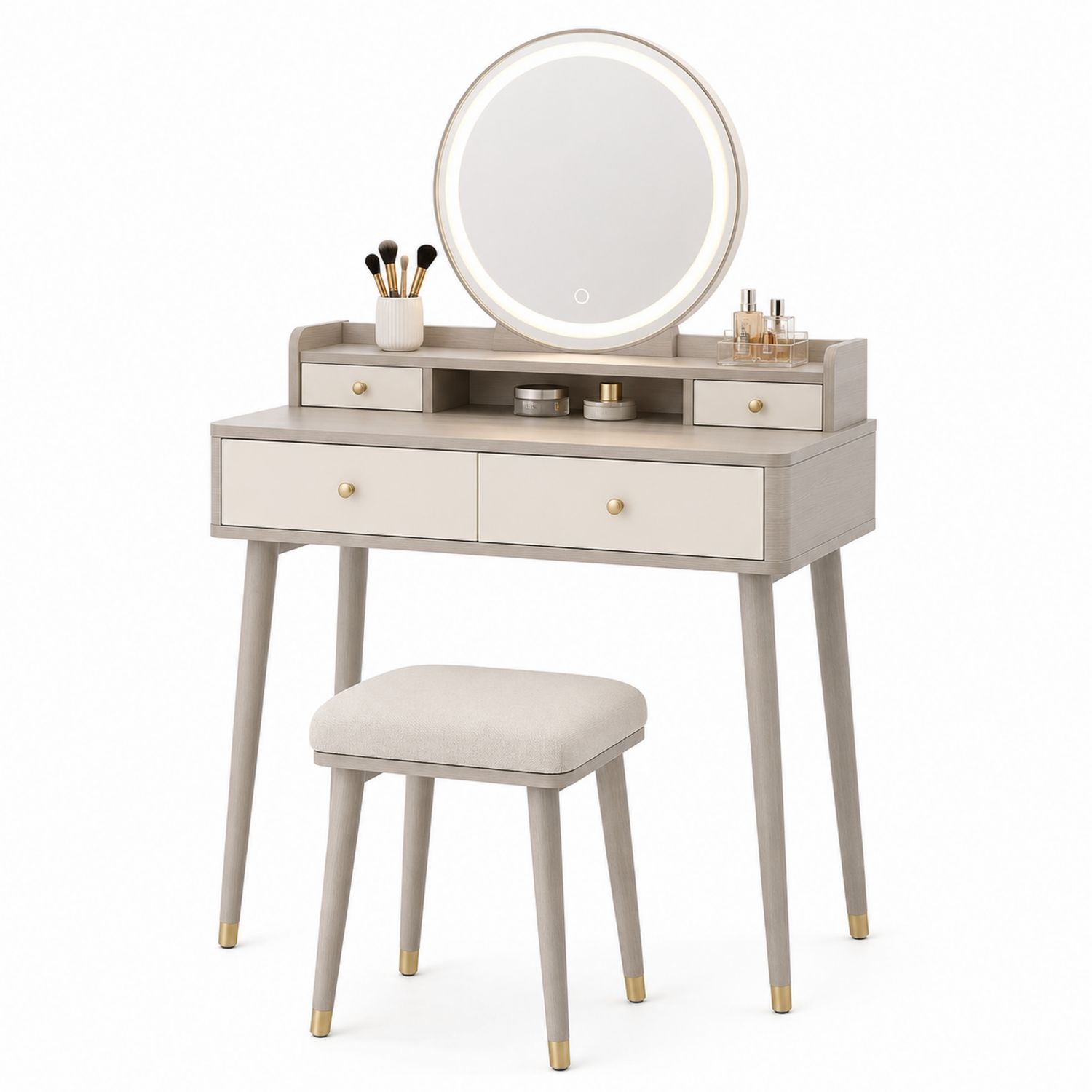 Coiffeuse avec Miroir Rond LED et Tabouret Bois Clair et Beige