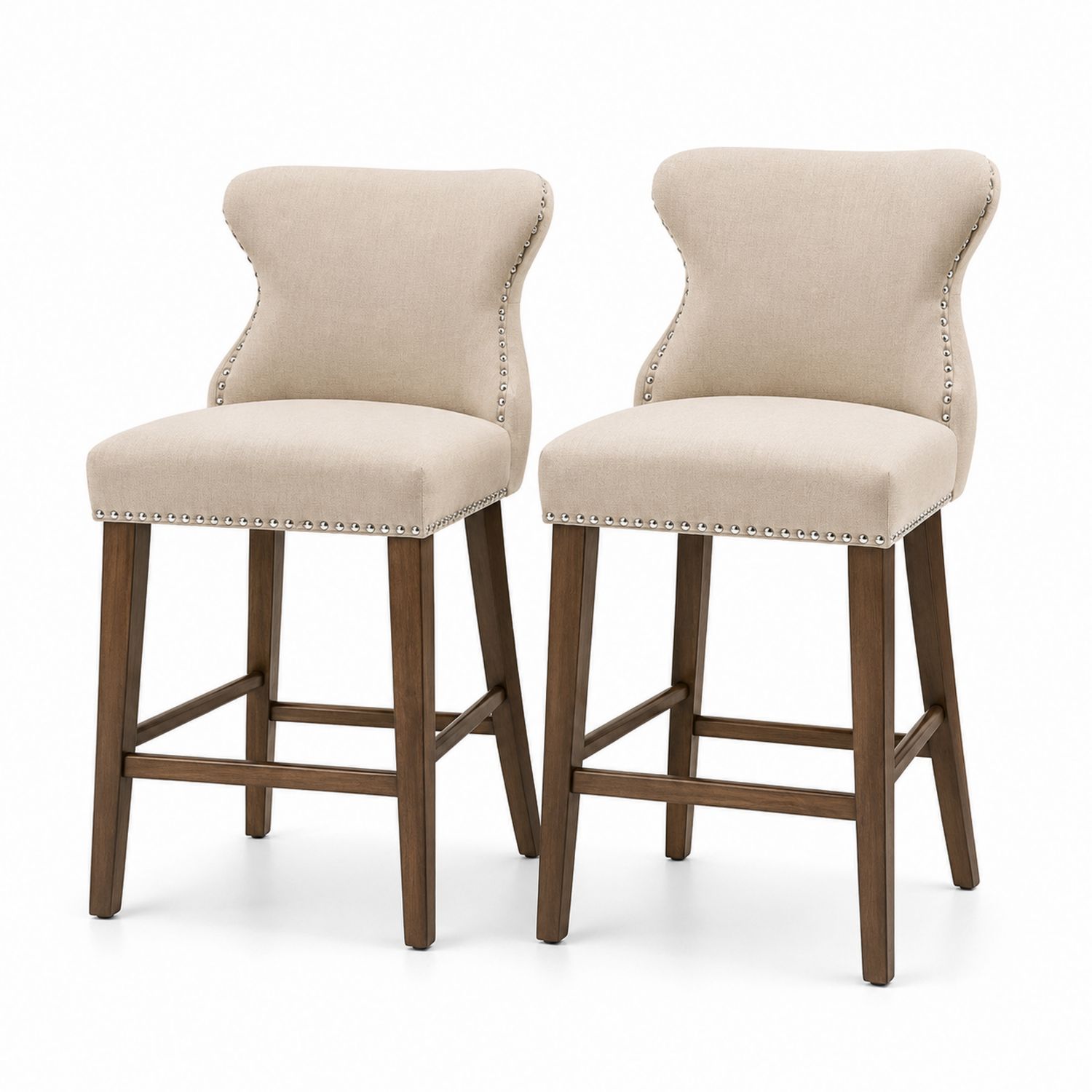 Paire de tabourets de bar en bois avec assise en lin beige