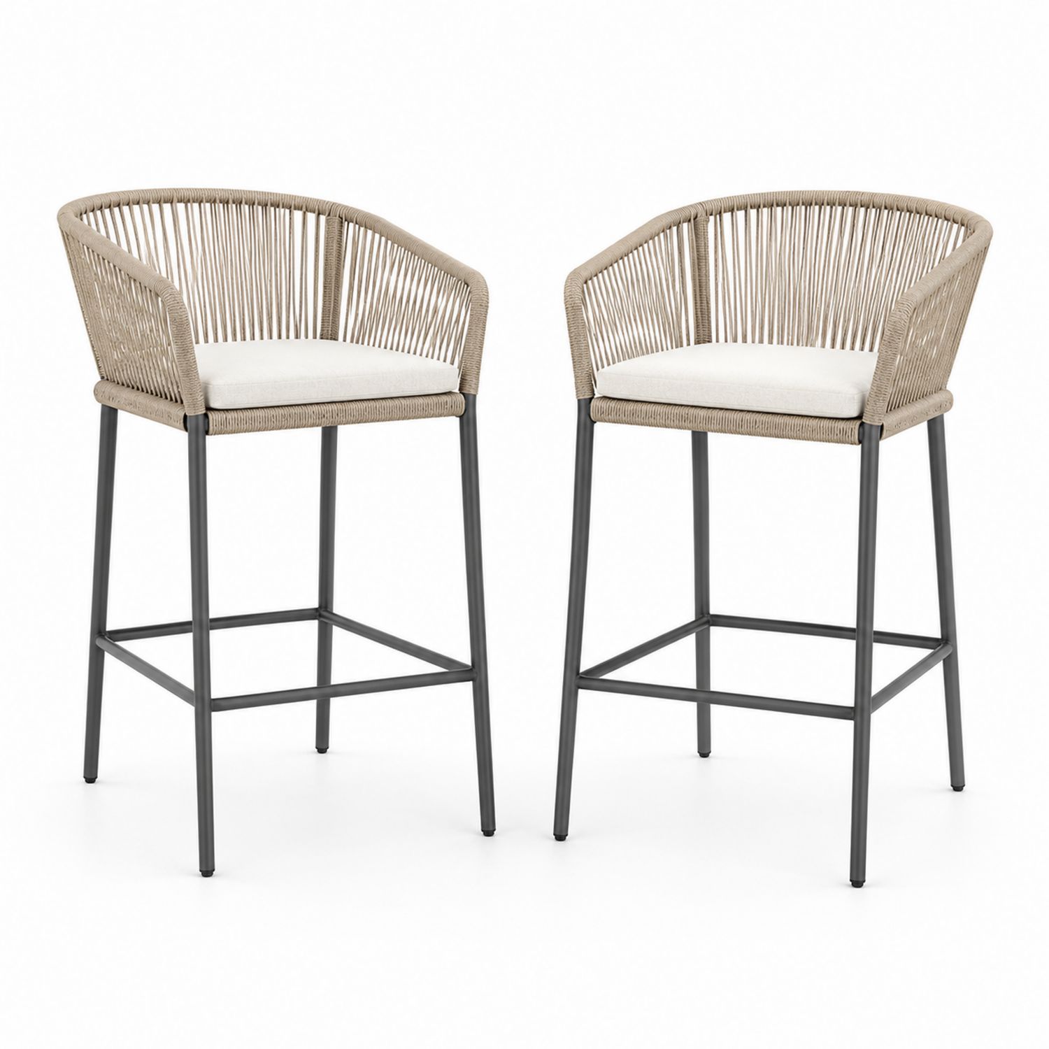 Chaises extérieures en métal et corde synthétique beige, ensemble de 2