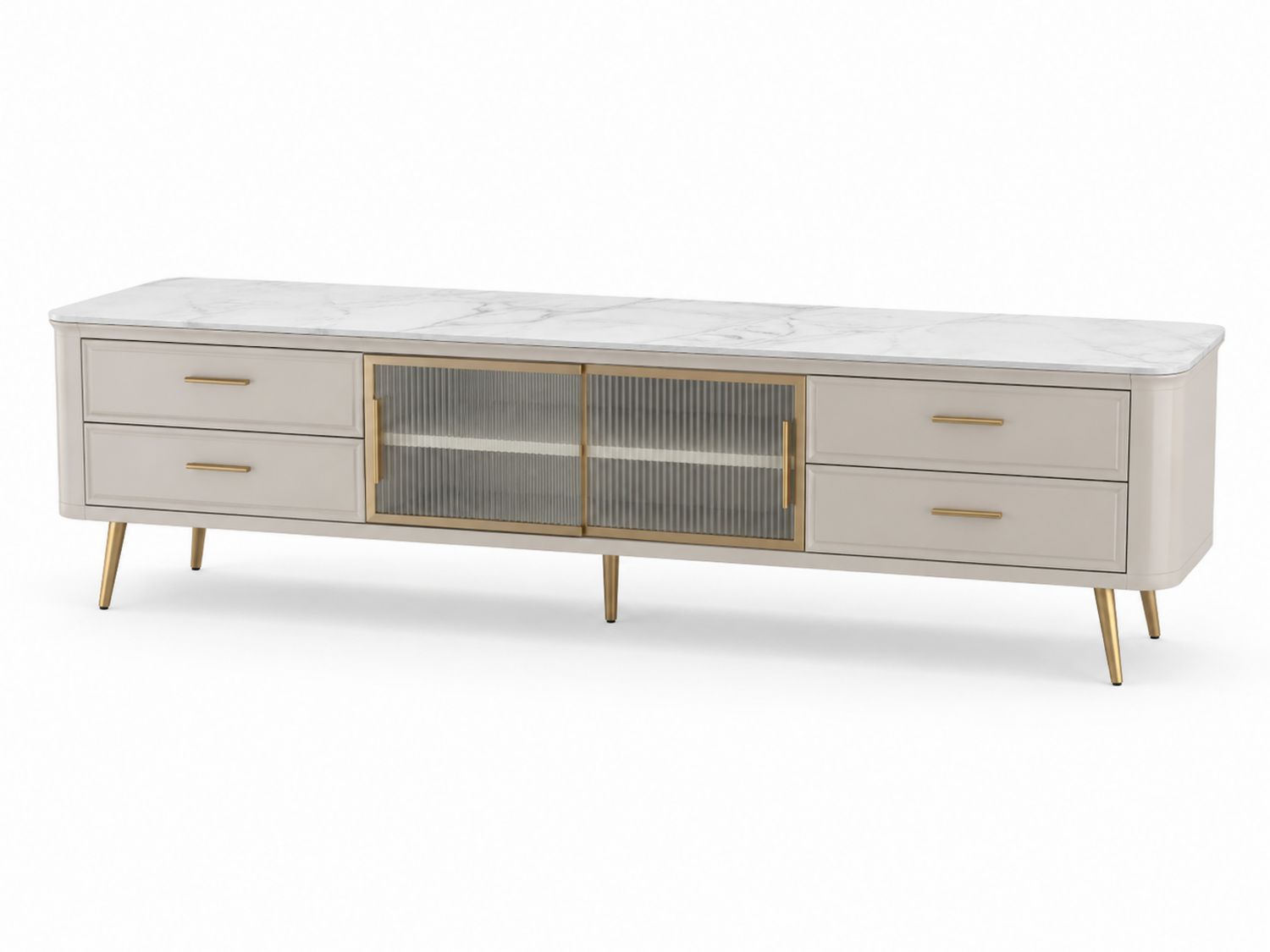 Meuble TV rectangulaire 180 cm en bois avec plateau en marbre artificiel et portes en verre cannelé