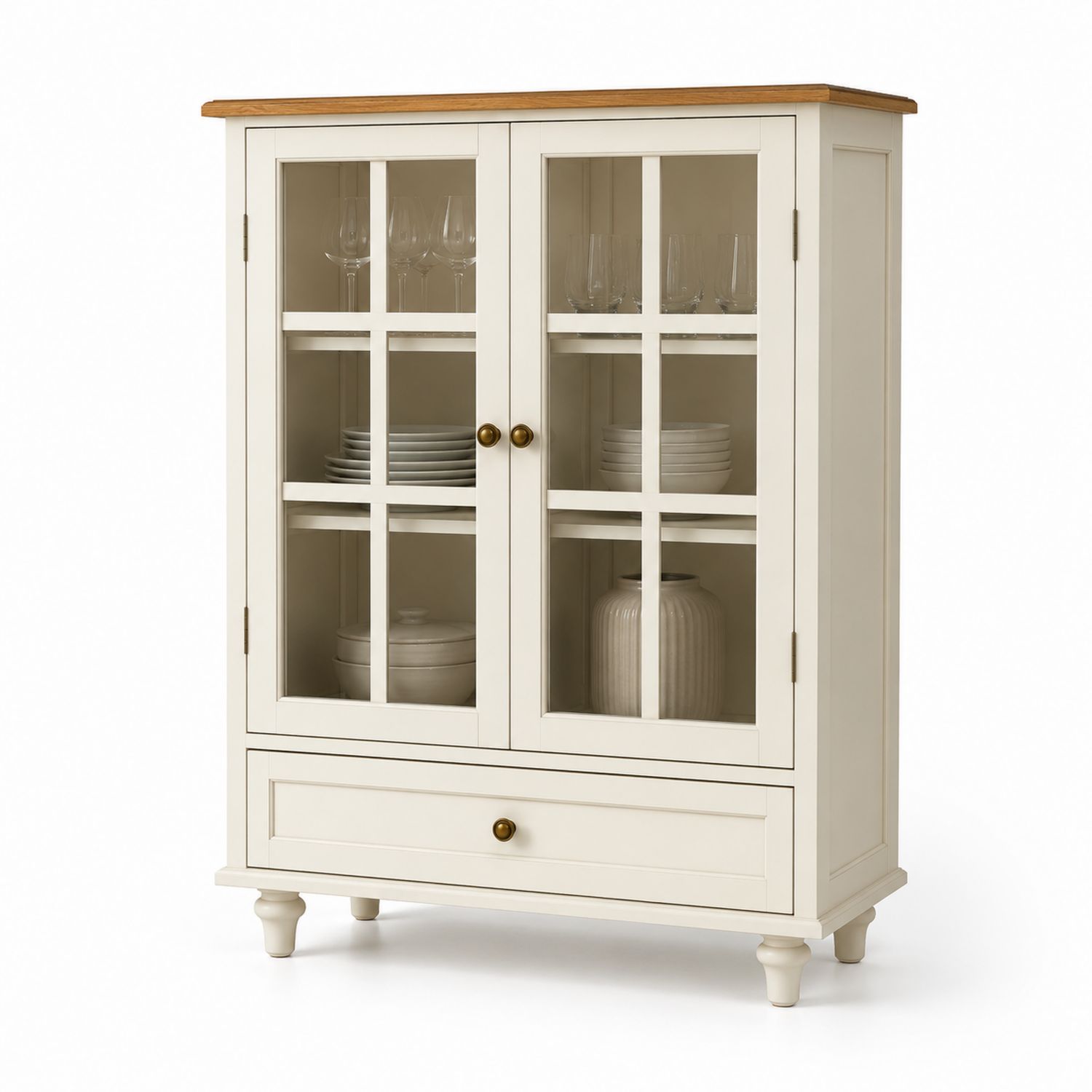 Buffet vitré en bois et verre blanc avec dessus en chêne, 2 portes, 1 tiroir