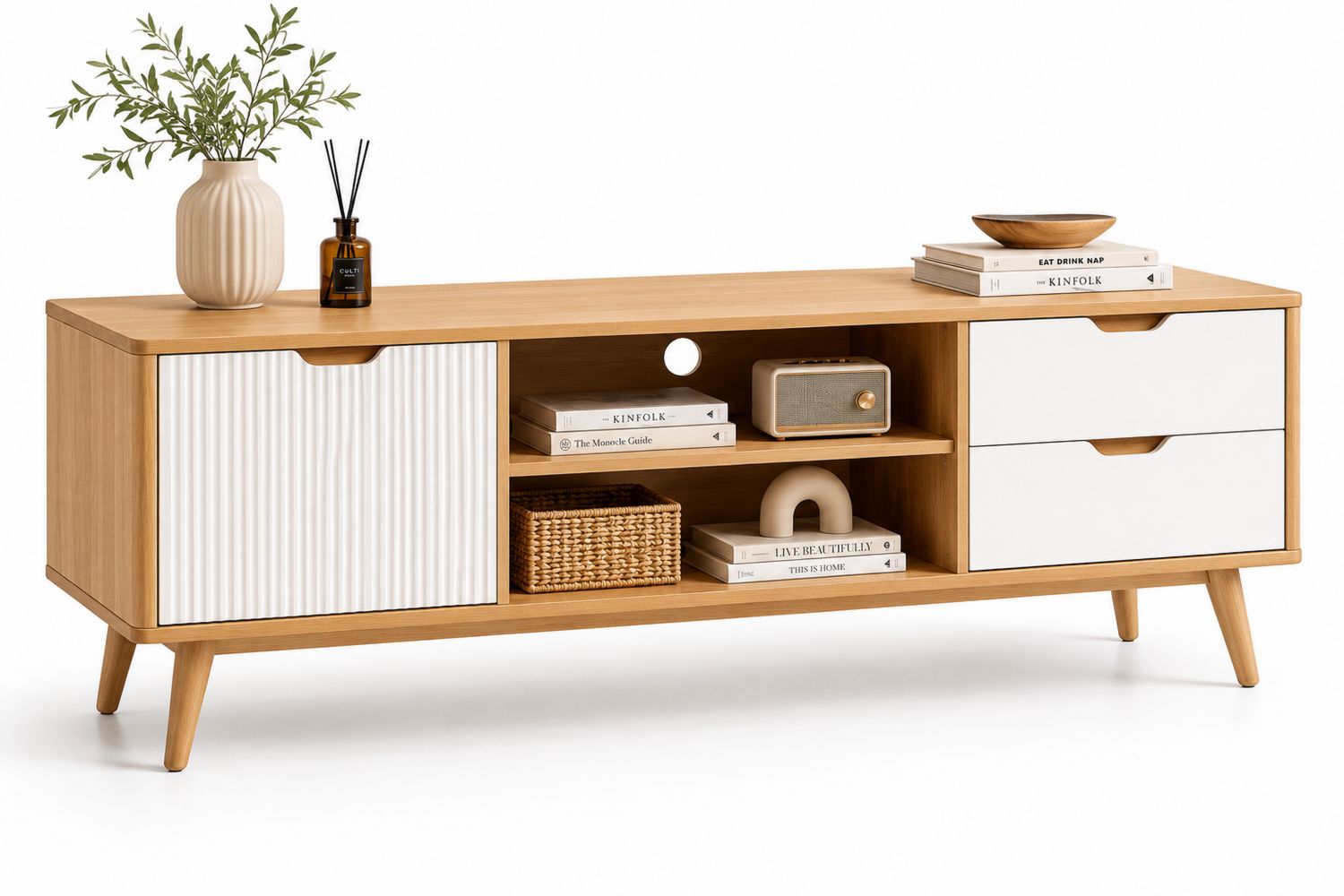 Meuble TV en Bois avec Portes Blanches