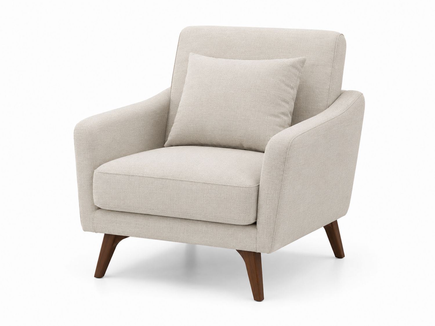 Fauteuil en tissu polyester beige avec coussin et pieds en bois de hêtre