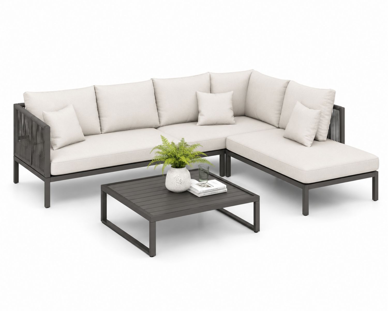 Canapé d'angle en aluminium avec coussins en tissu beige