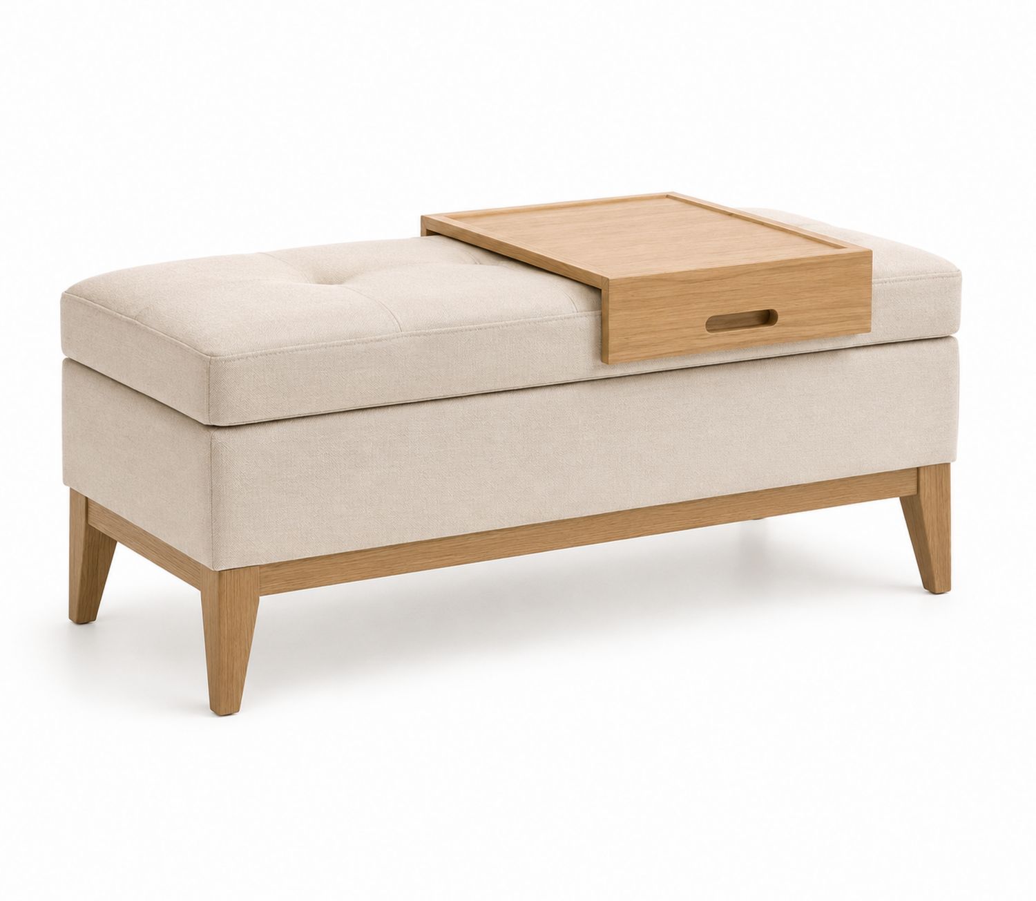 Banc de rangement en tissu avec plateau en bois