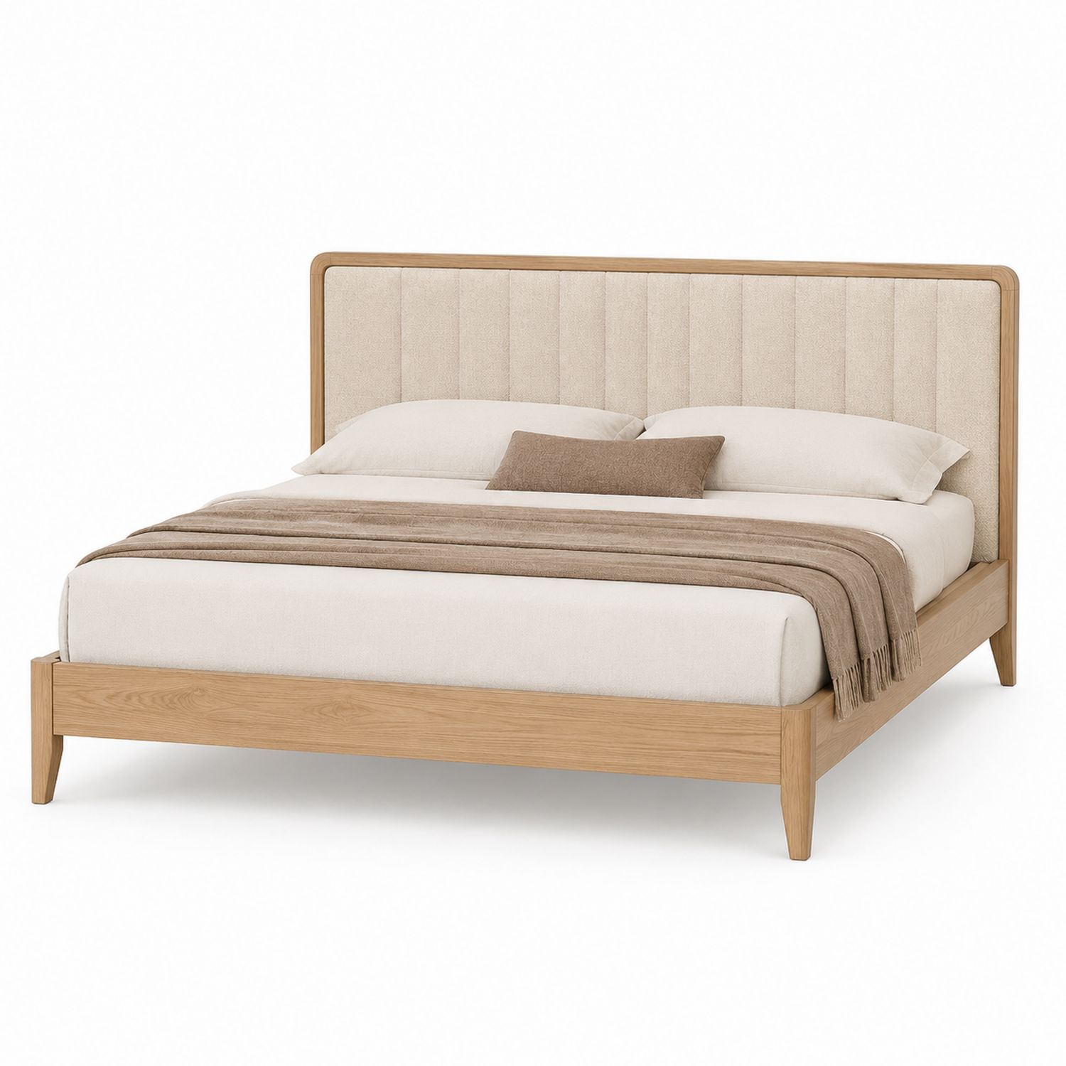 Lit double en chêne avec tête de lit en tissu rembourré 200x180 cm