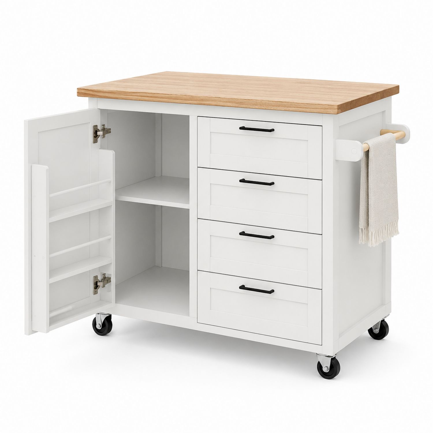 Chariot de cuisine en bois et blanc avec plateau en bois massif