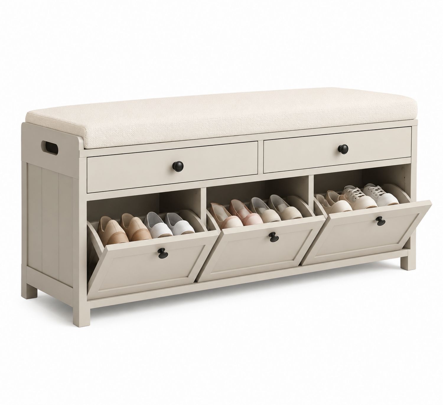 Banc à chaussures bois avec coussin en tissu polyester, Beige