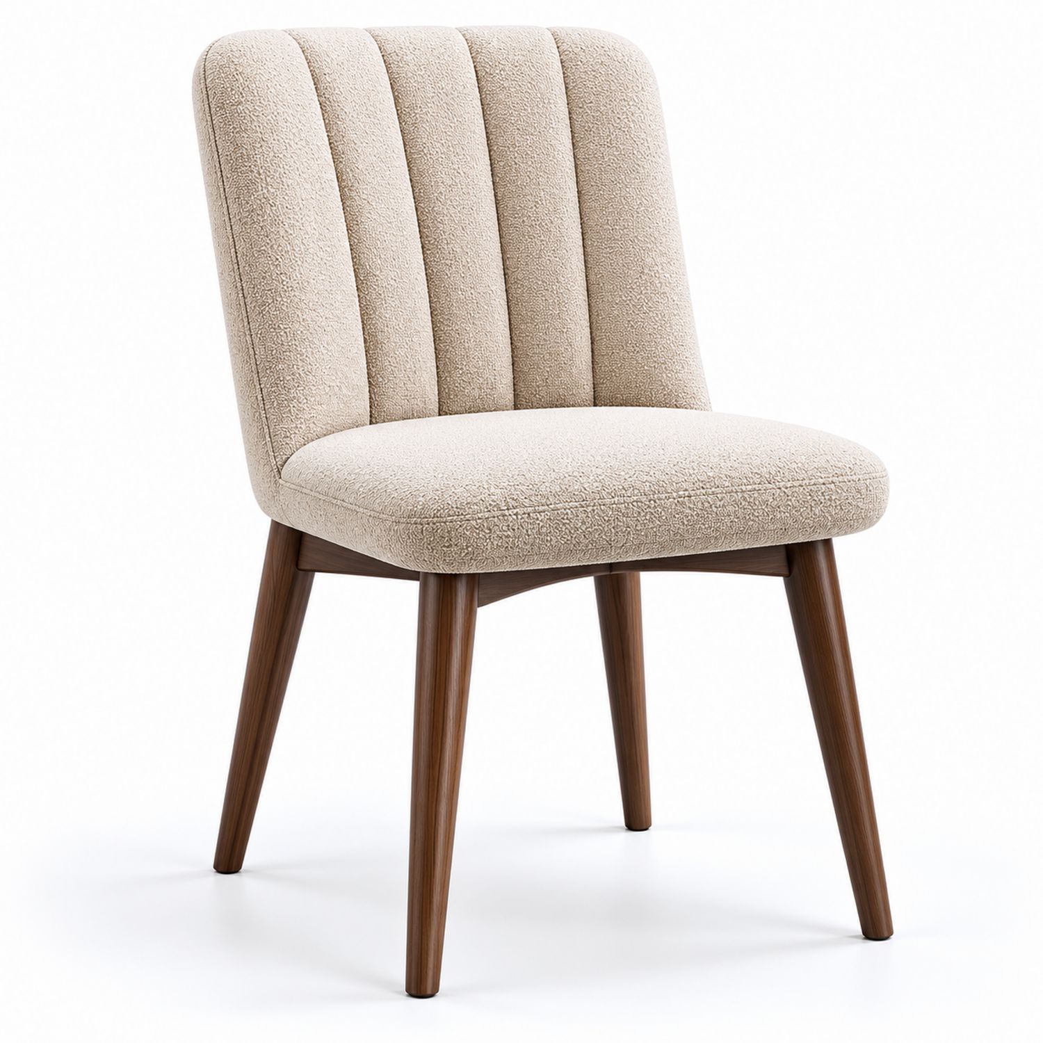 Chaise en bois et tissu bouclé beige, pieds en noyer