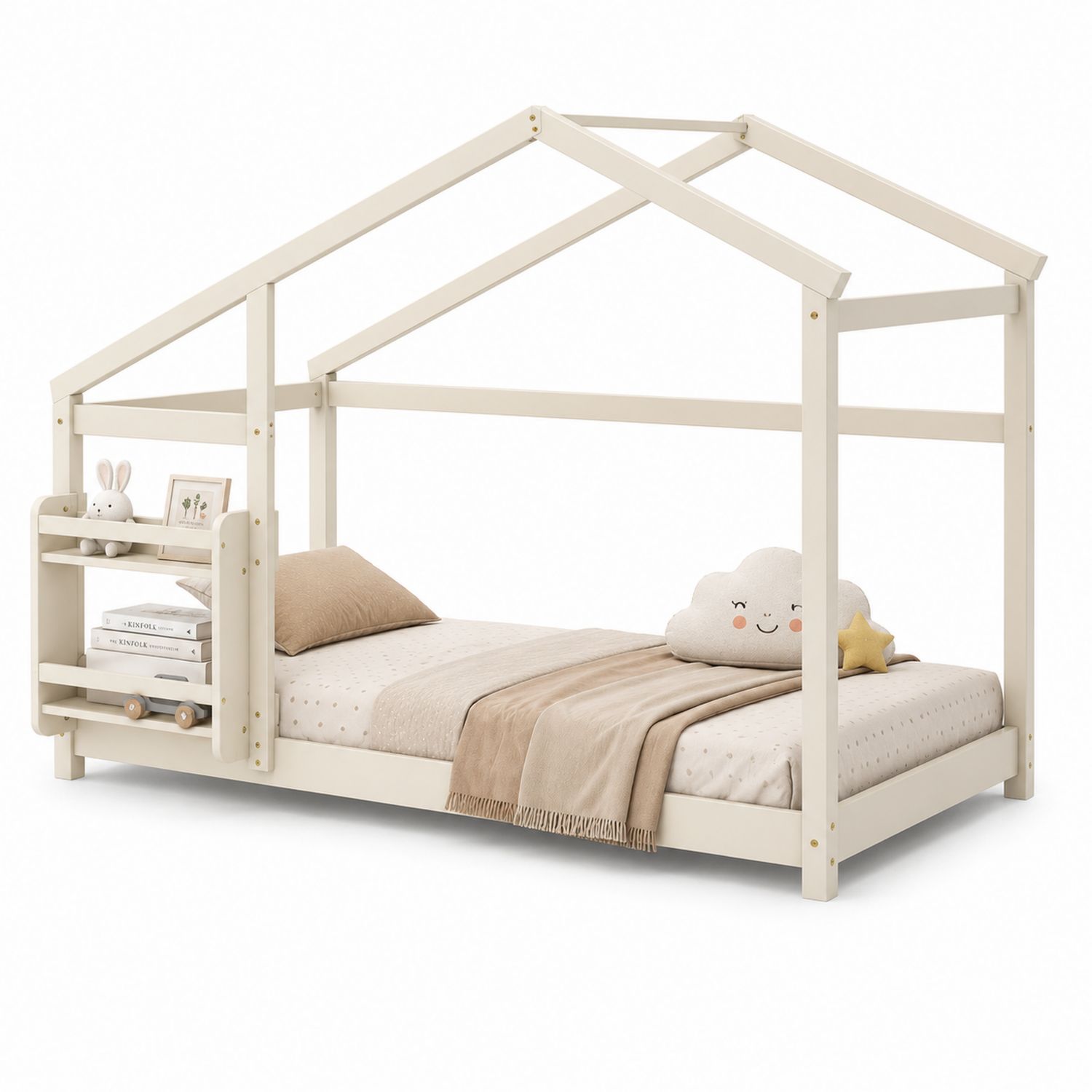 Lit enfant en bois avec étagère intégrée Crème