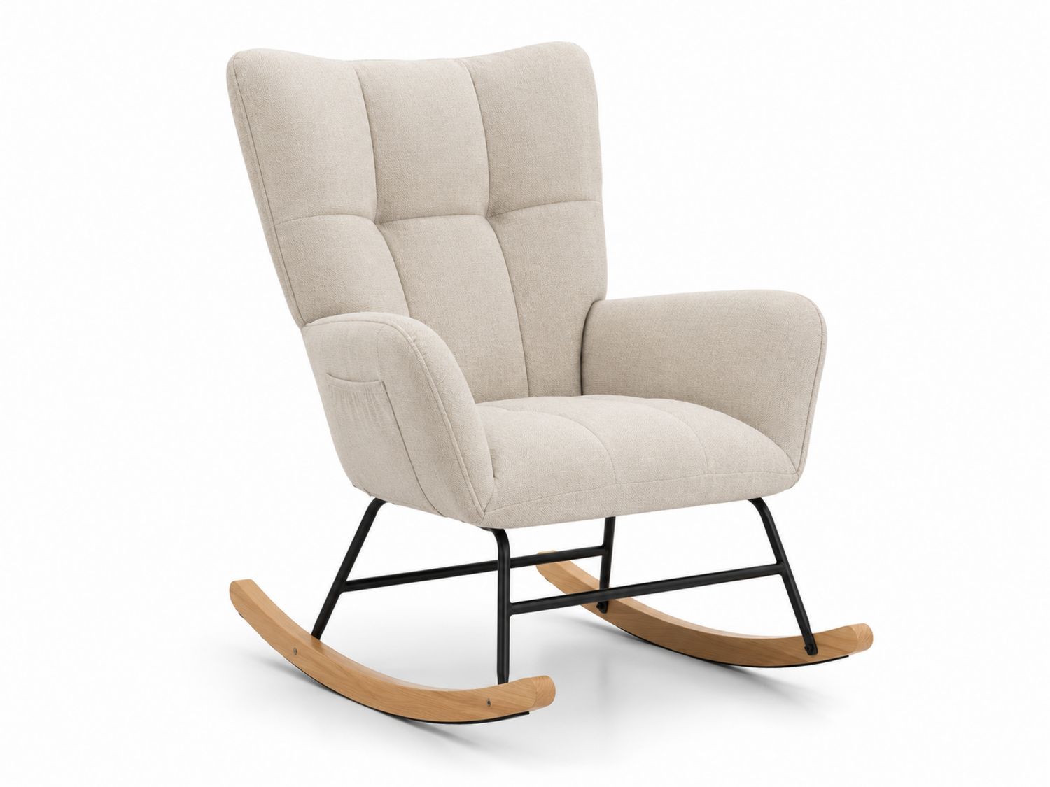 Chaise berçante en tissu polyester avec structure métallique et pieds en bois