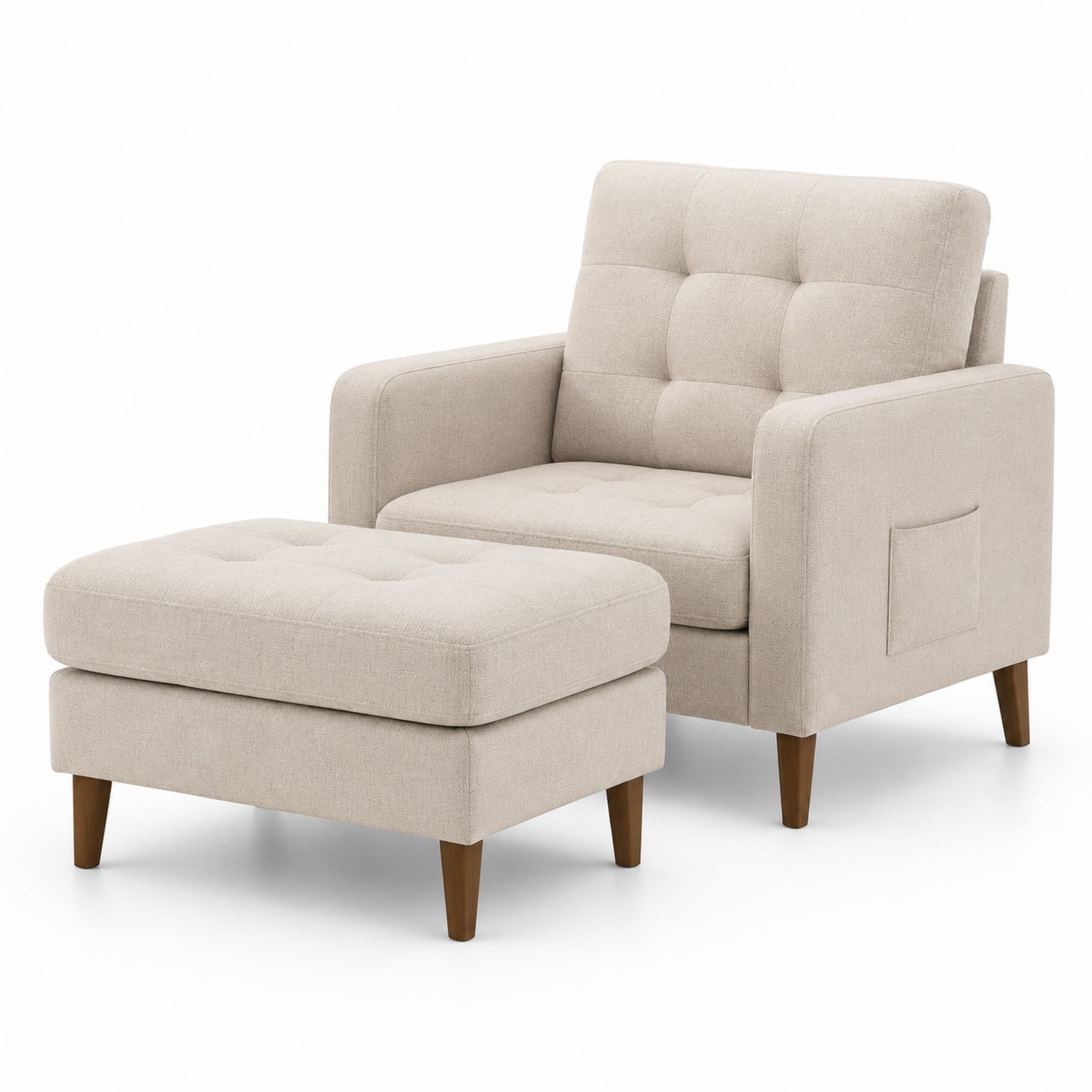 Fauteuil en Tissu Beige avec Repose-pieds et Pieds en Bois