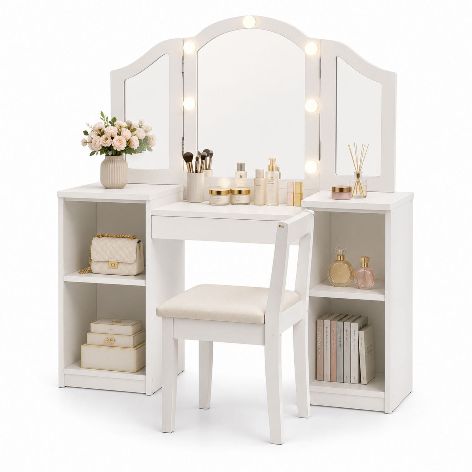 Coiffeuse en MDF avec Miroir Trifold et LED, Blanc