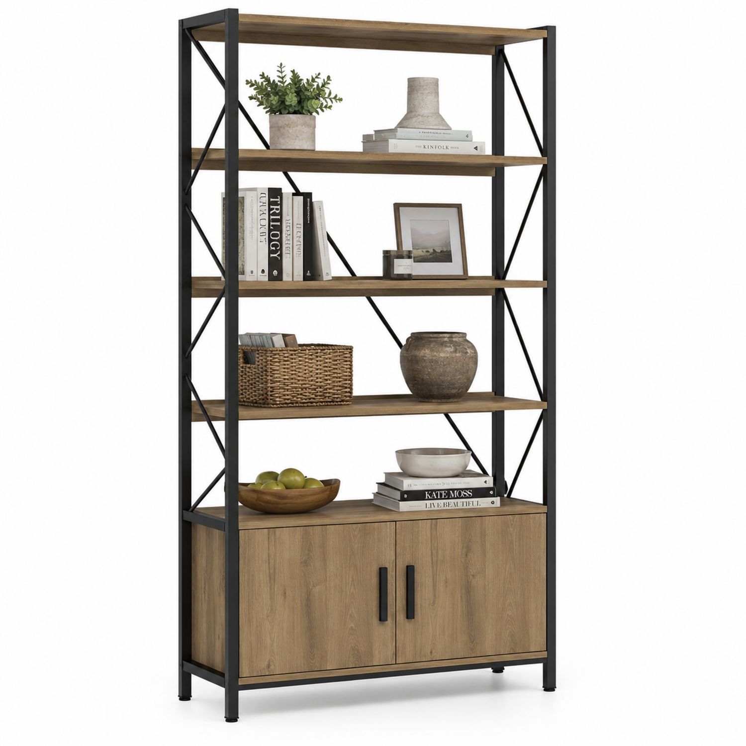 Étagère en bois et métal noir avec rangement
