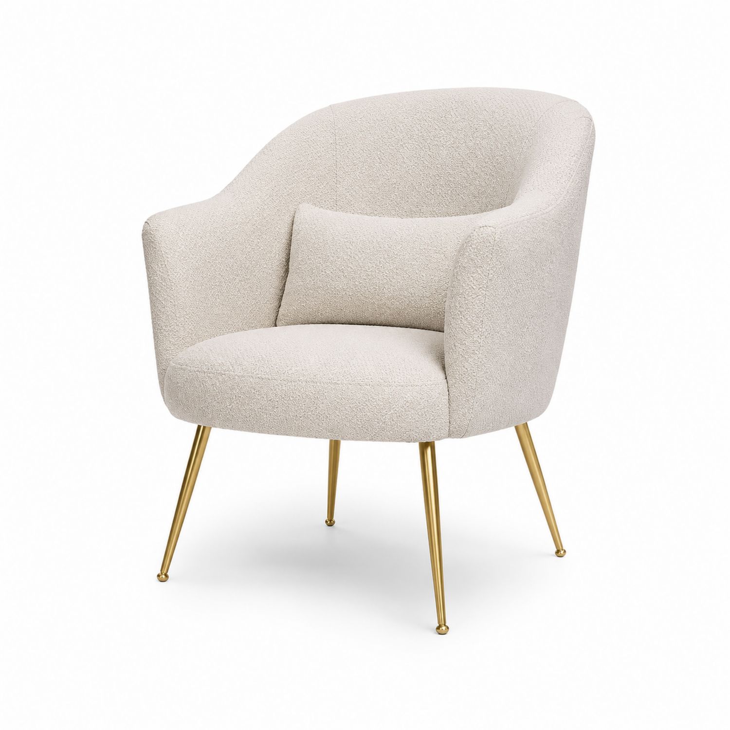 Fauteuil en tissu bouclette beige avec pieds en métal doré