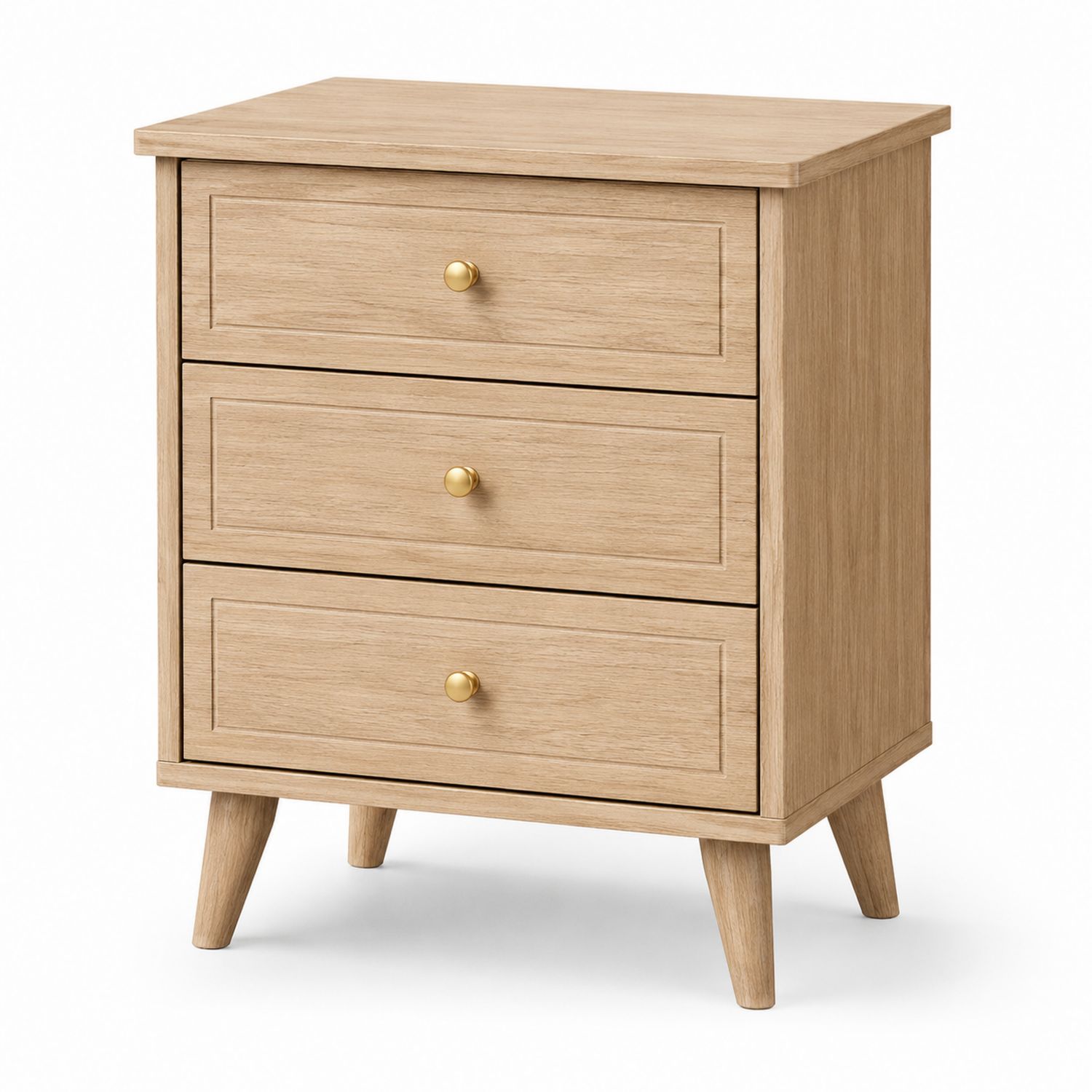 Commode Trois Tiroirs Bois Chêne Clair avec Poignées Dorées