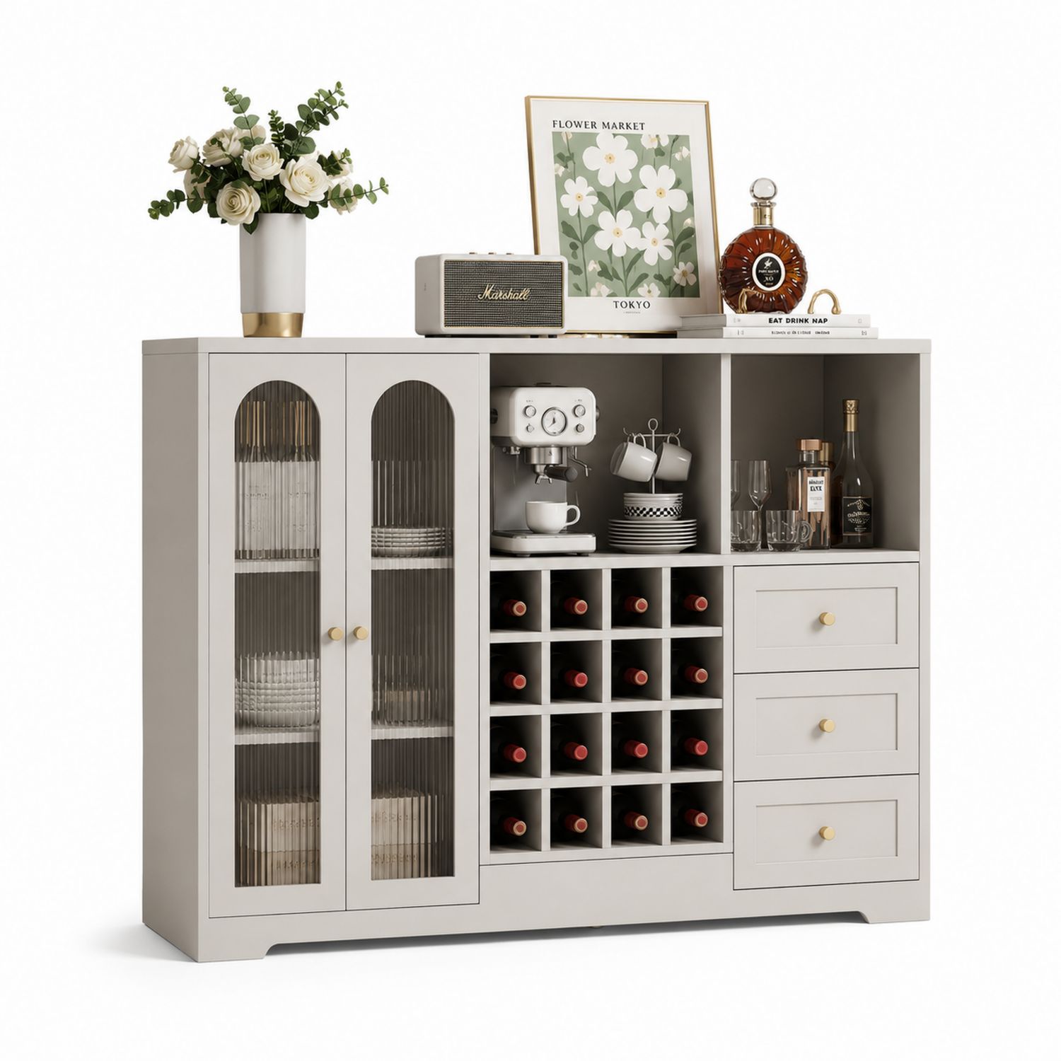 Buffet de Cuisine en Bois avec Casiers à Vin et Portes en Verre