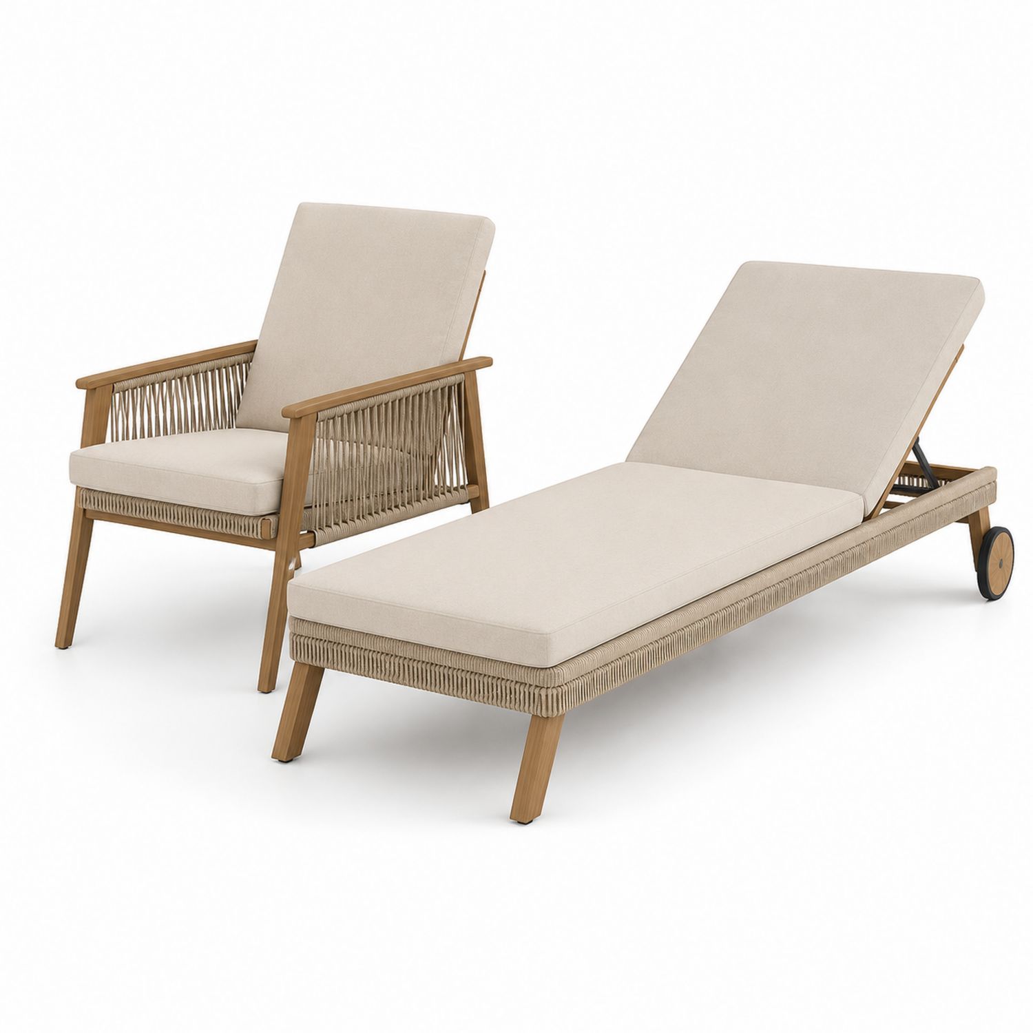 Ensemble de fauteuil et bain de soleil en bois d'acacia et corde beige