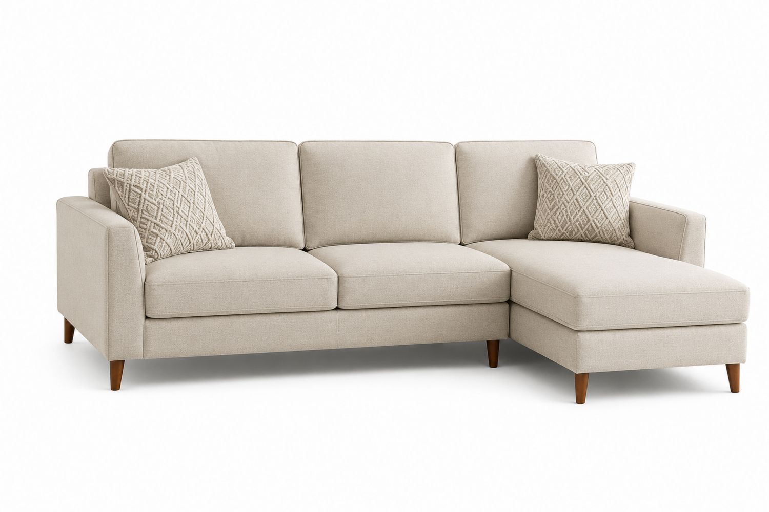 Canapé d'angle en tissu polyester beige avec méridienne et coussins