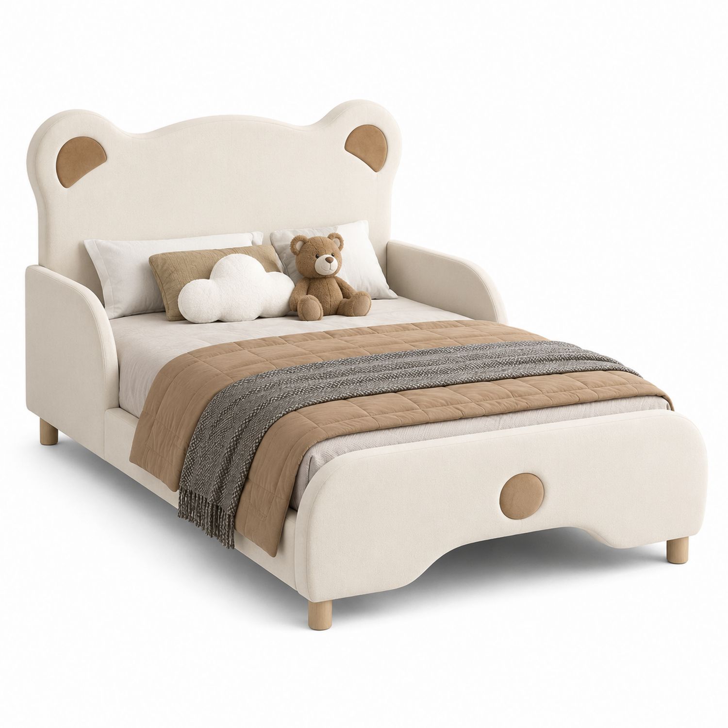 Lit Enfant en Bois et Velours Beige 90x190 cm