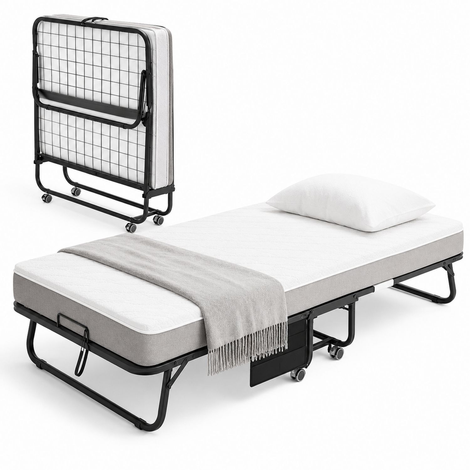 Lit pliant avec matelas en mousse, cadre métallique noir 90x200 cm