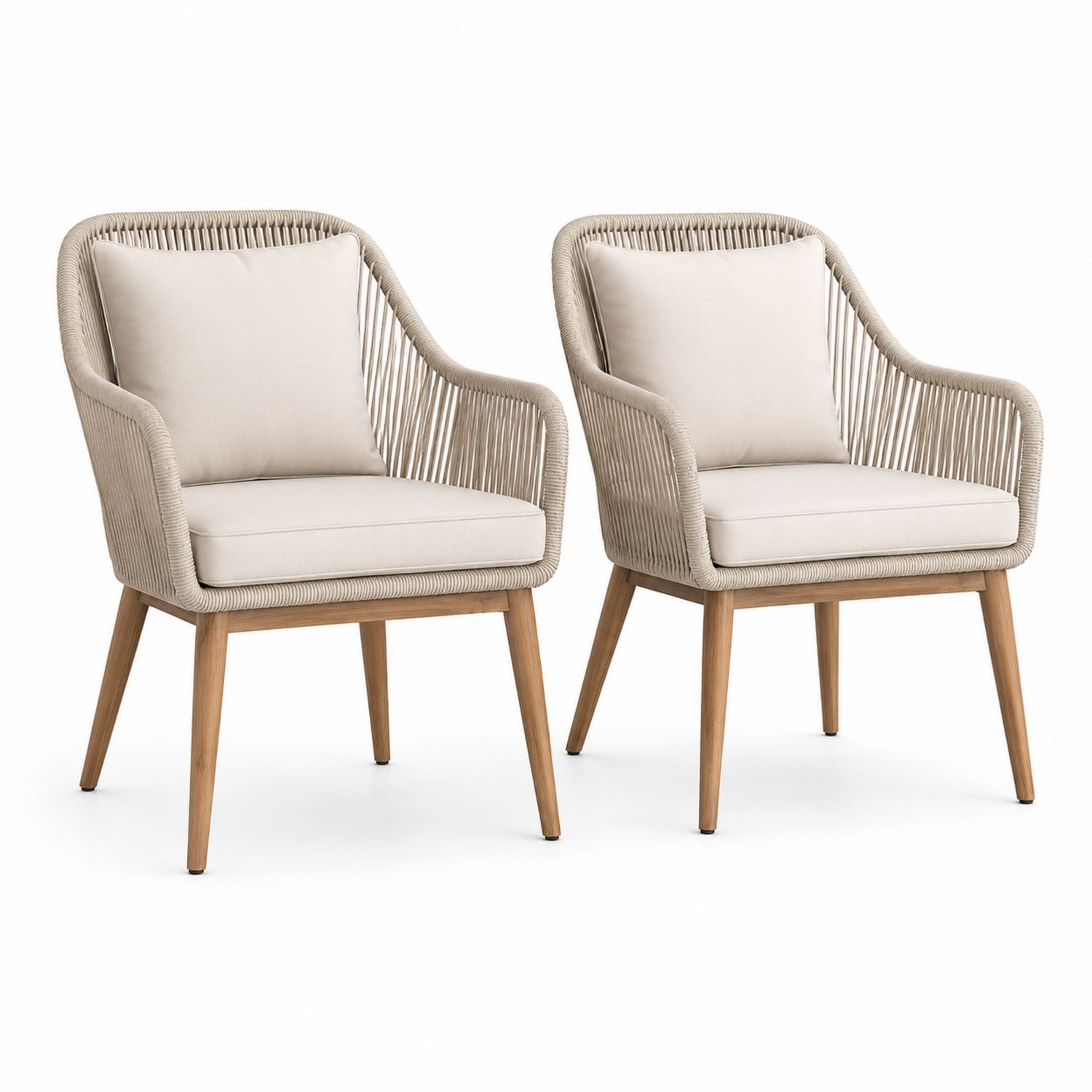 Lot de 2 chaises d'extérieur en bois et corde avec coussins beiges