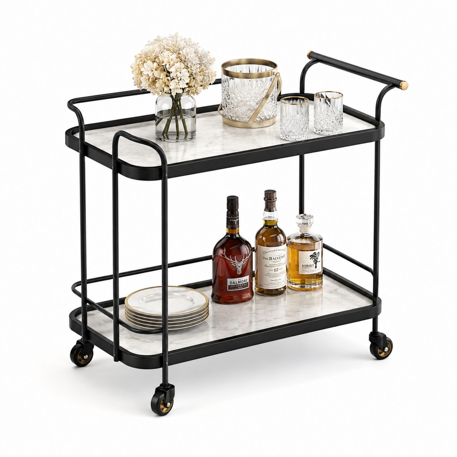 Chariot de Bar Métal Noir avec Plateaux en Marbre Blanc