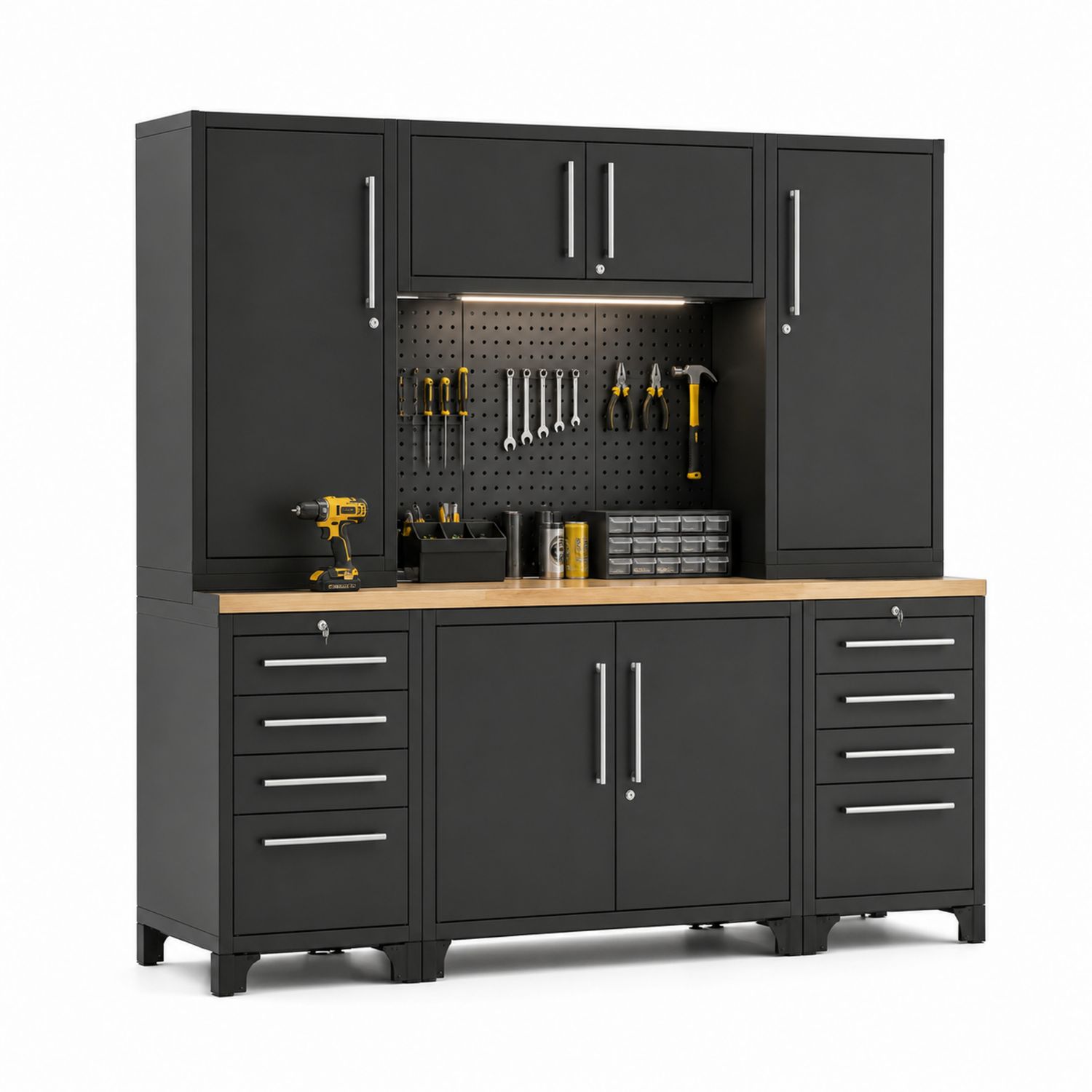 Armoire de rangement en métal avec plateau bois et panneaux perforés 183x61x198 cm Noir