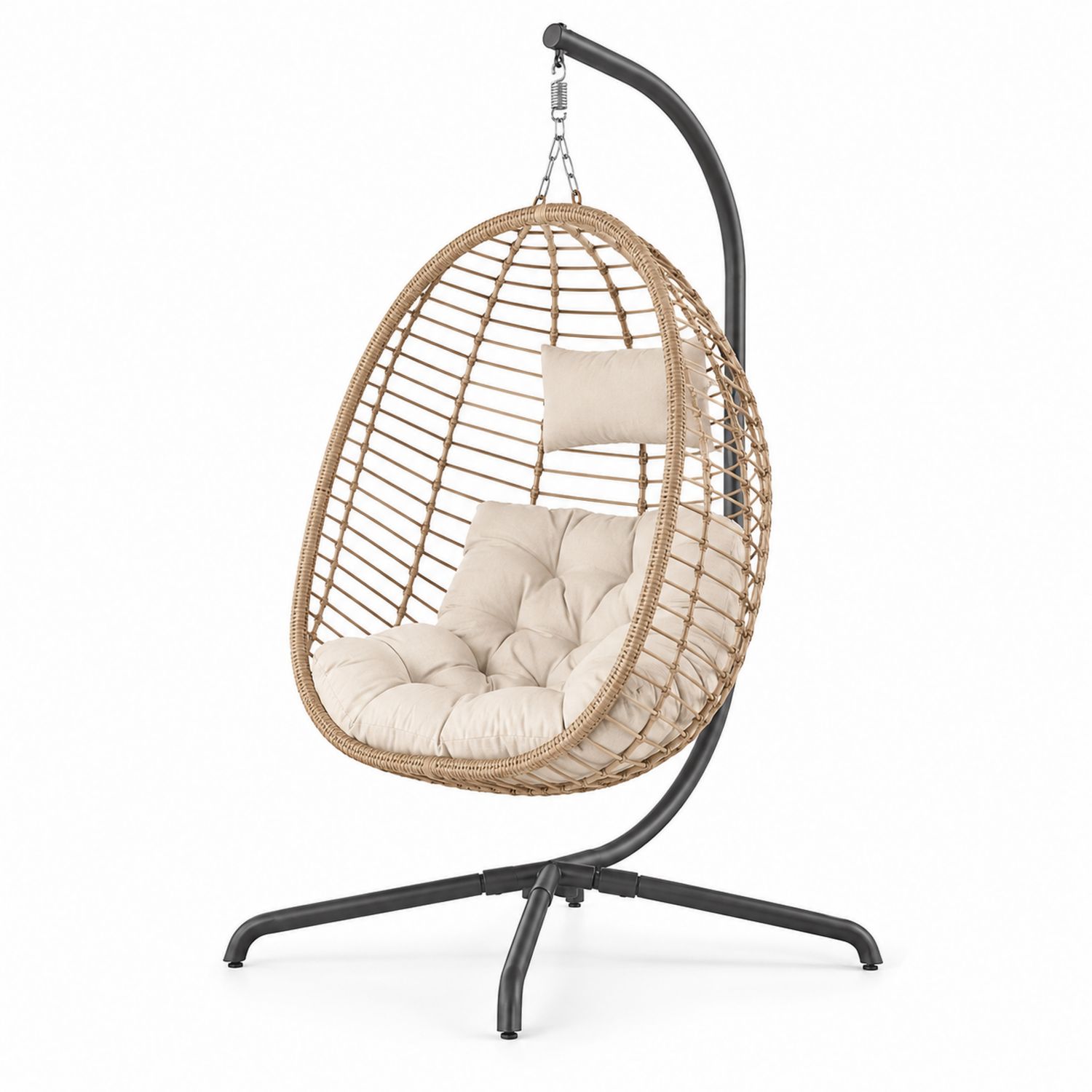 Fauteuil suspendu en rotin avec coussins en polyester, structure en acier