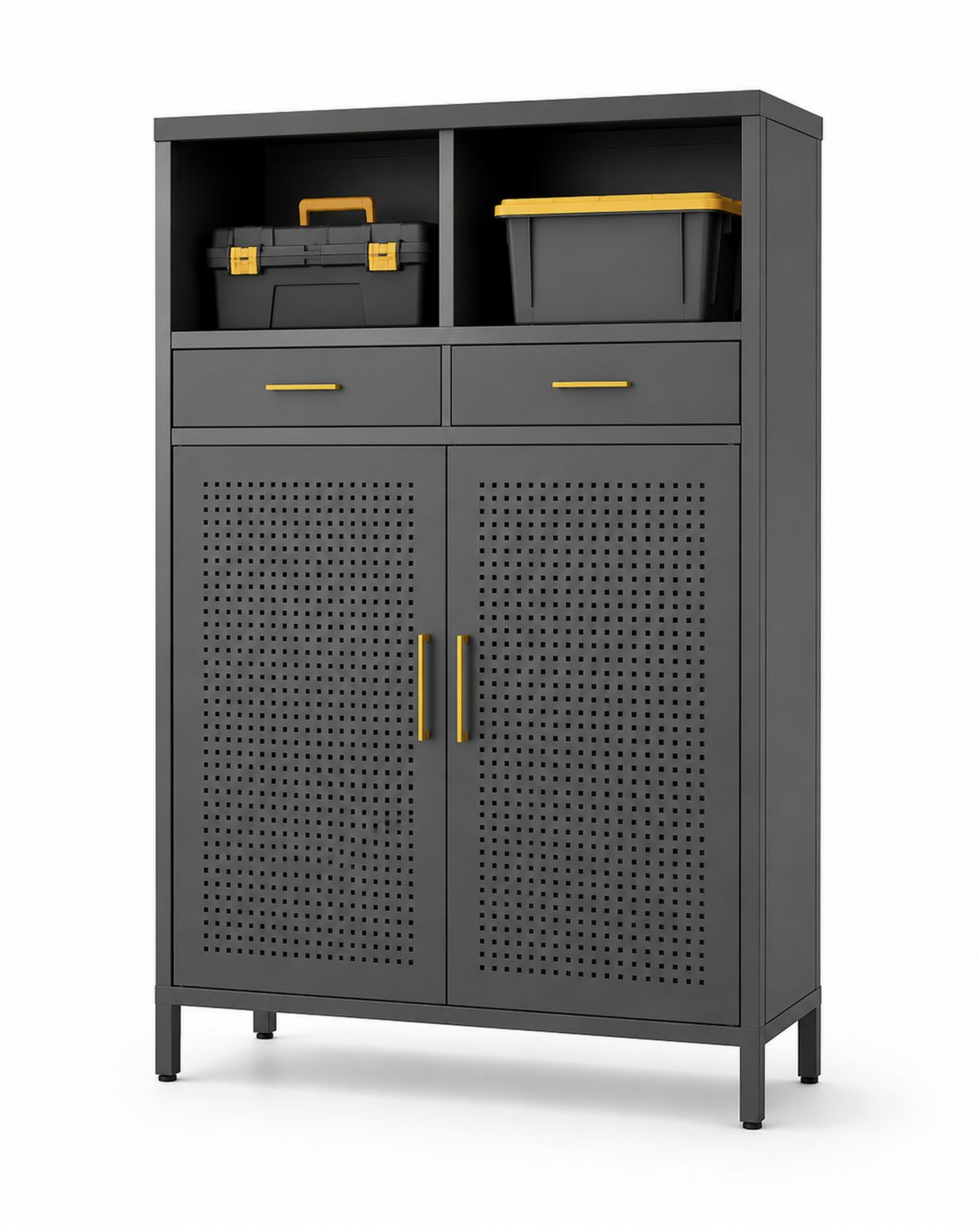 Armoire de rangement en acier gris avec portes et tiroirs