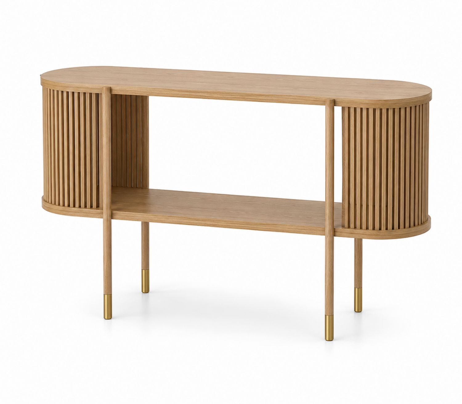 Console en bois de chêne avec étagère et pieds en métal doré