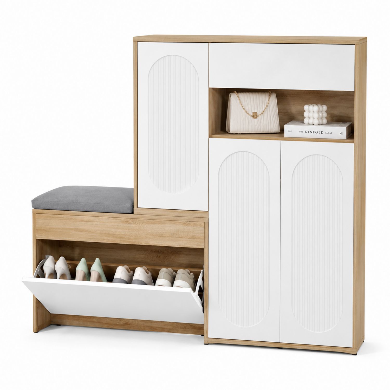 Meuble à chaussures en bois MDF avec assise rembourrée Chêne clair/Blanc