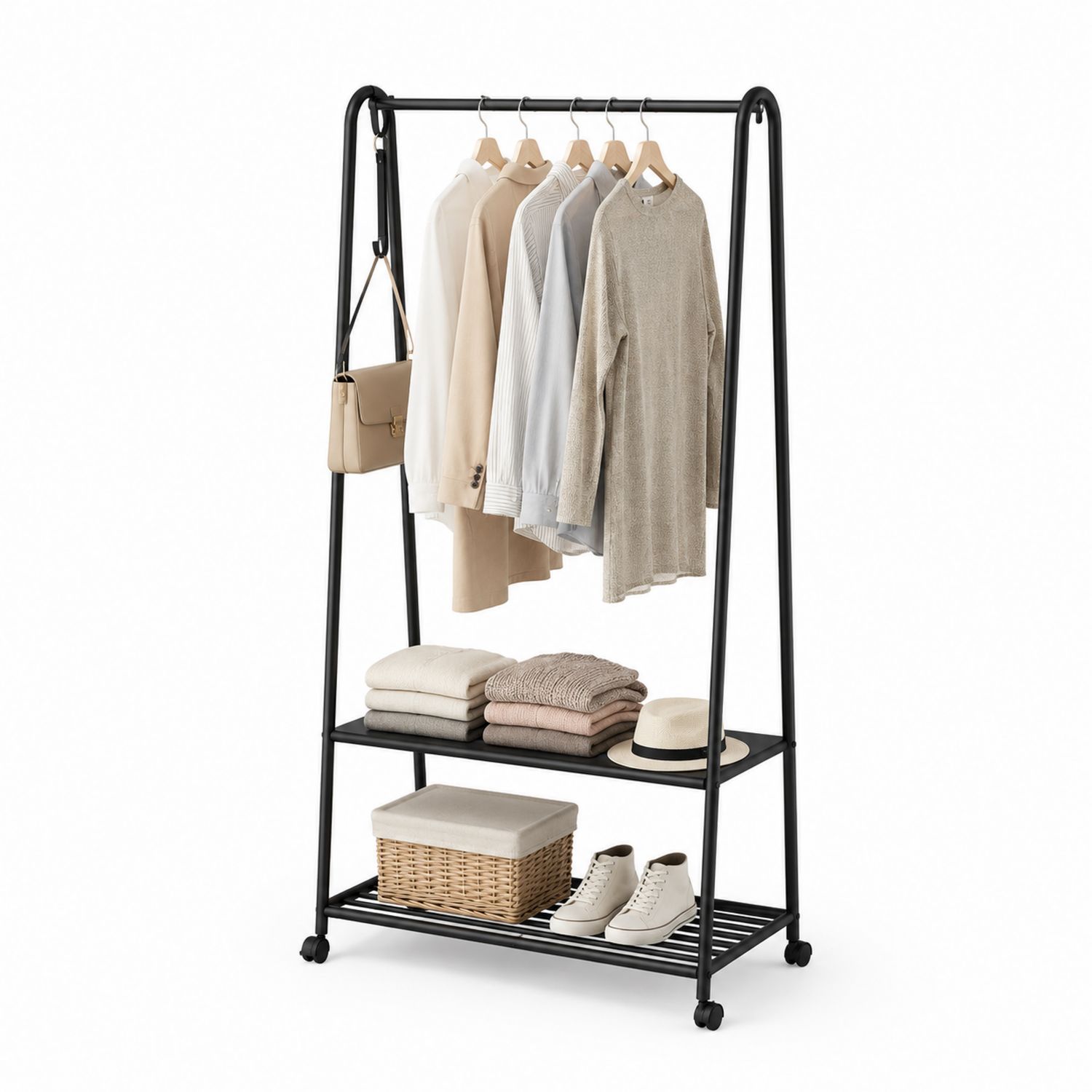 Portant à vêtements en métal noir avec étagères et roulettes