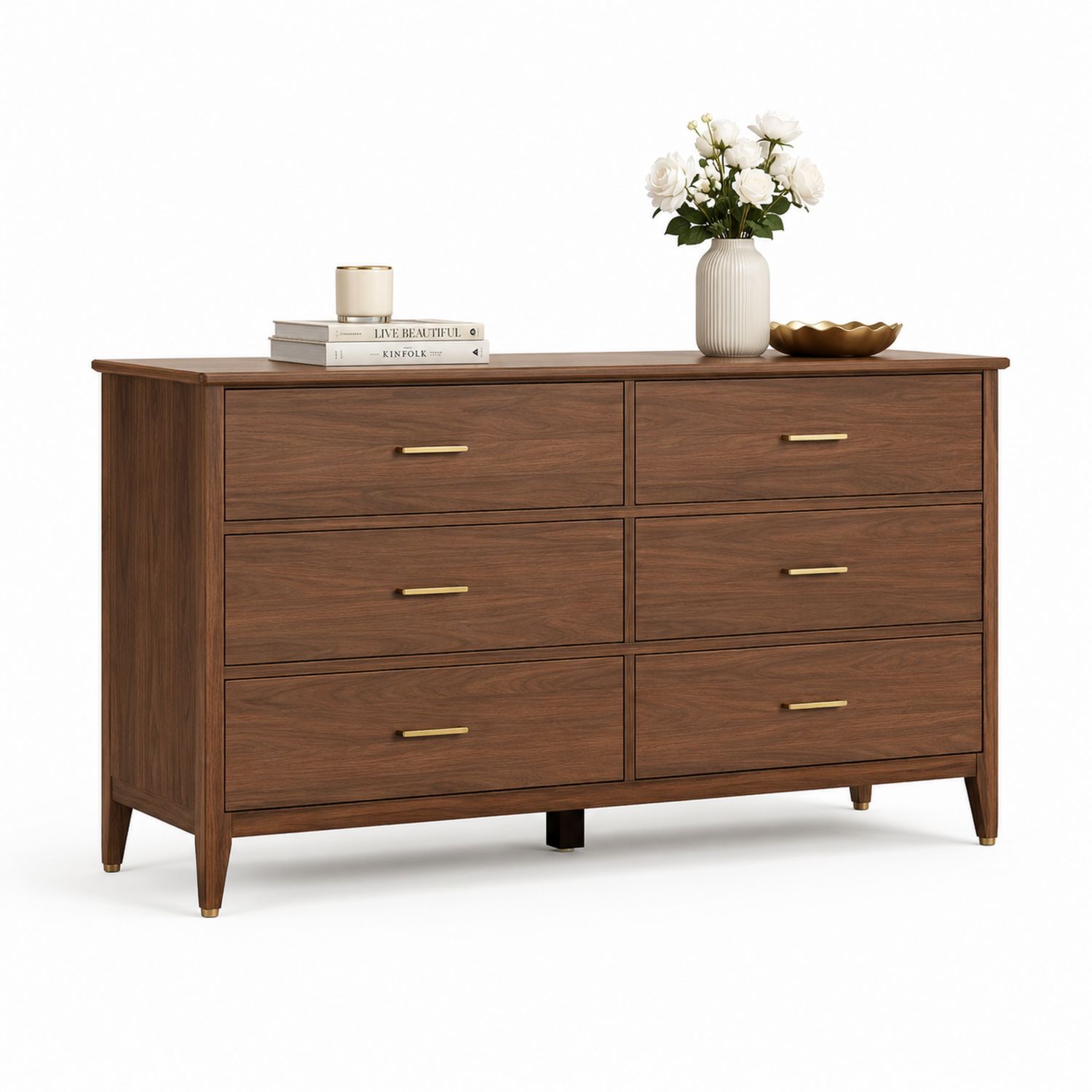Commode 6 tiroirs en bois avec poignées en métal doré 150x45x80 cm
