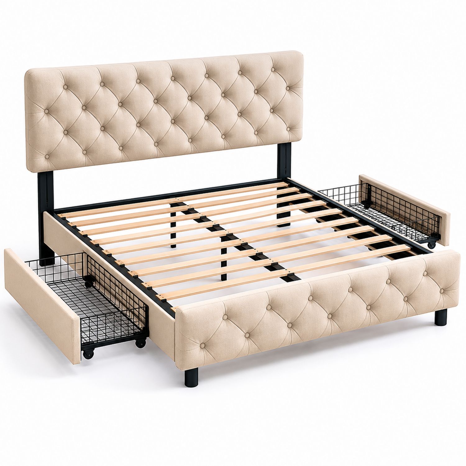 Lit double avec rangement en métal et tissu beige