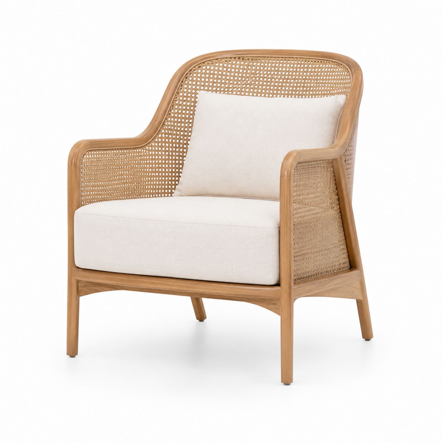 Fauteuil en bois et rotin avec coussin en lin beige