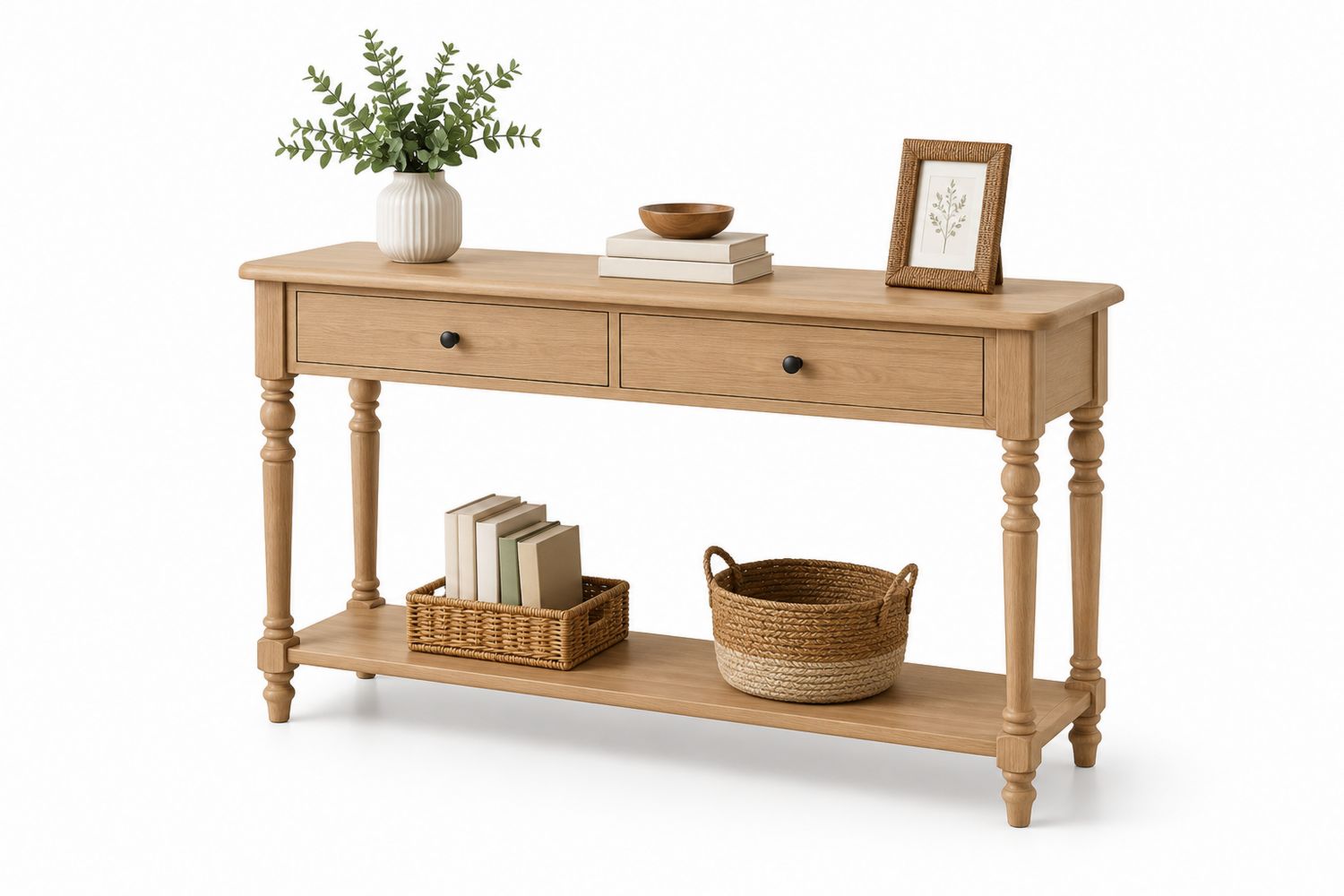 Console en bois de chêne avec tiroirs et étagère inférieure