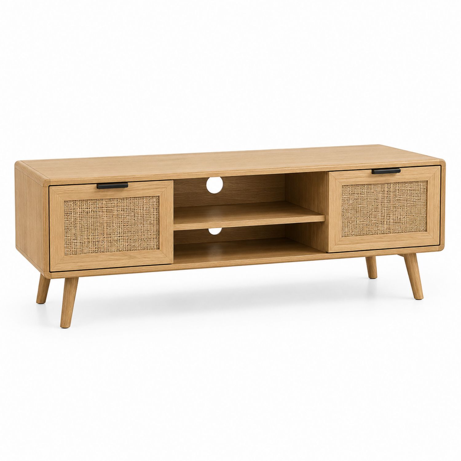 Meuble TV en bois et rotin tressé Chêne Clair 120x40x45 cm