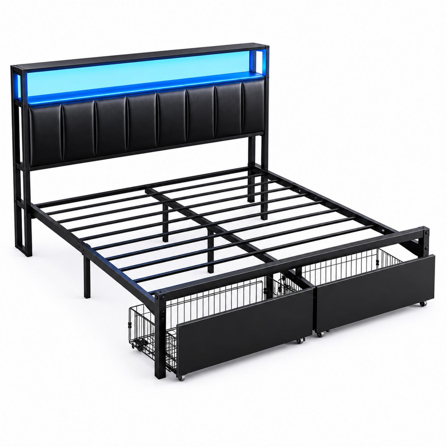 Lit en métal avec tête de lit en cuir synthétique, rangement et éclairage LED, 200 cm x 160 cm, Noir