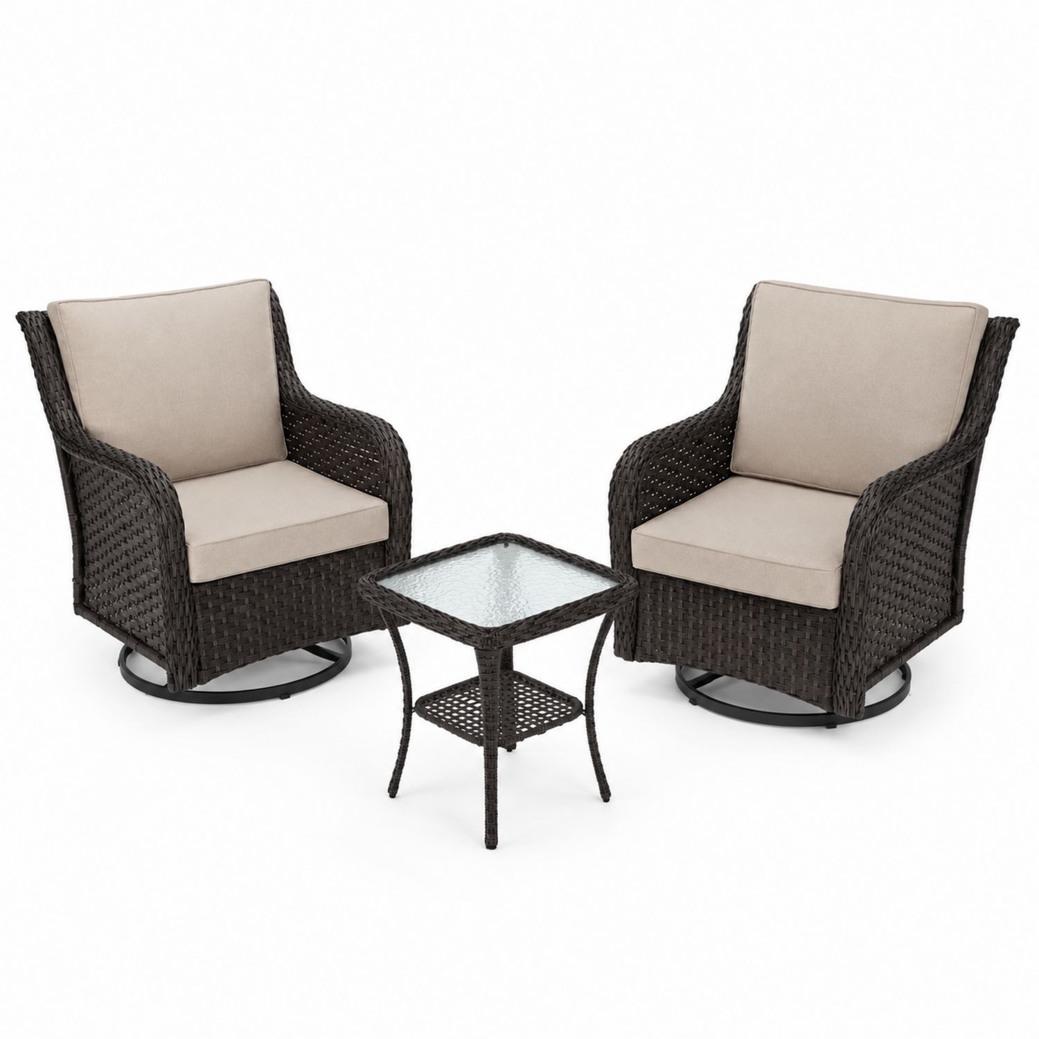 Ensemble de chaises pivotantes en rotin avec table en verre trempé, marron et beige