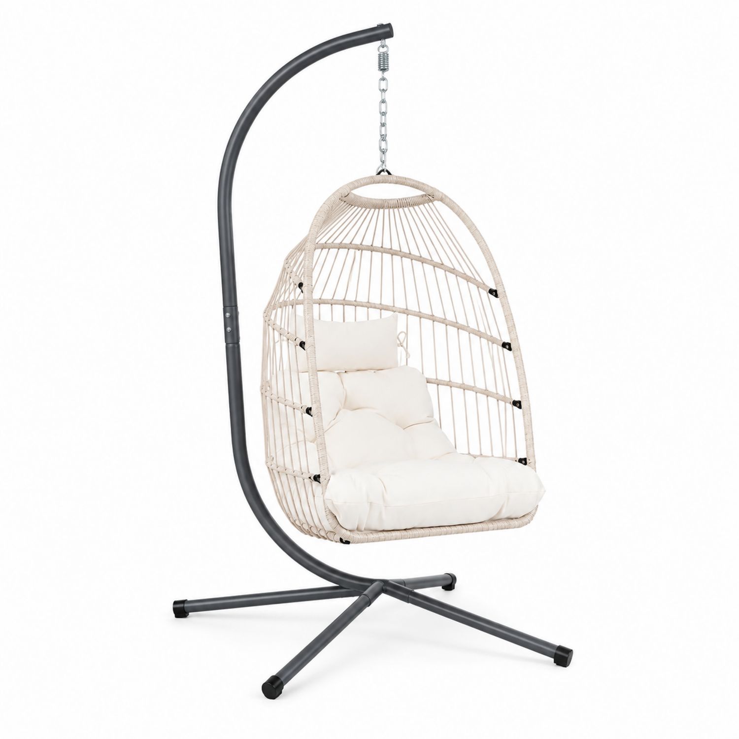 Chaise suspendue en métal et osier beige avec coussins