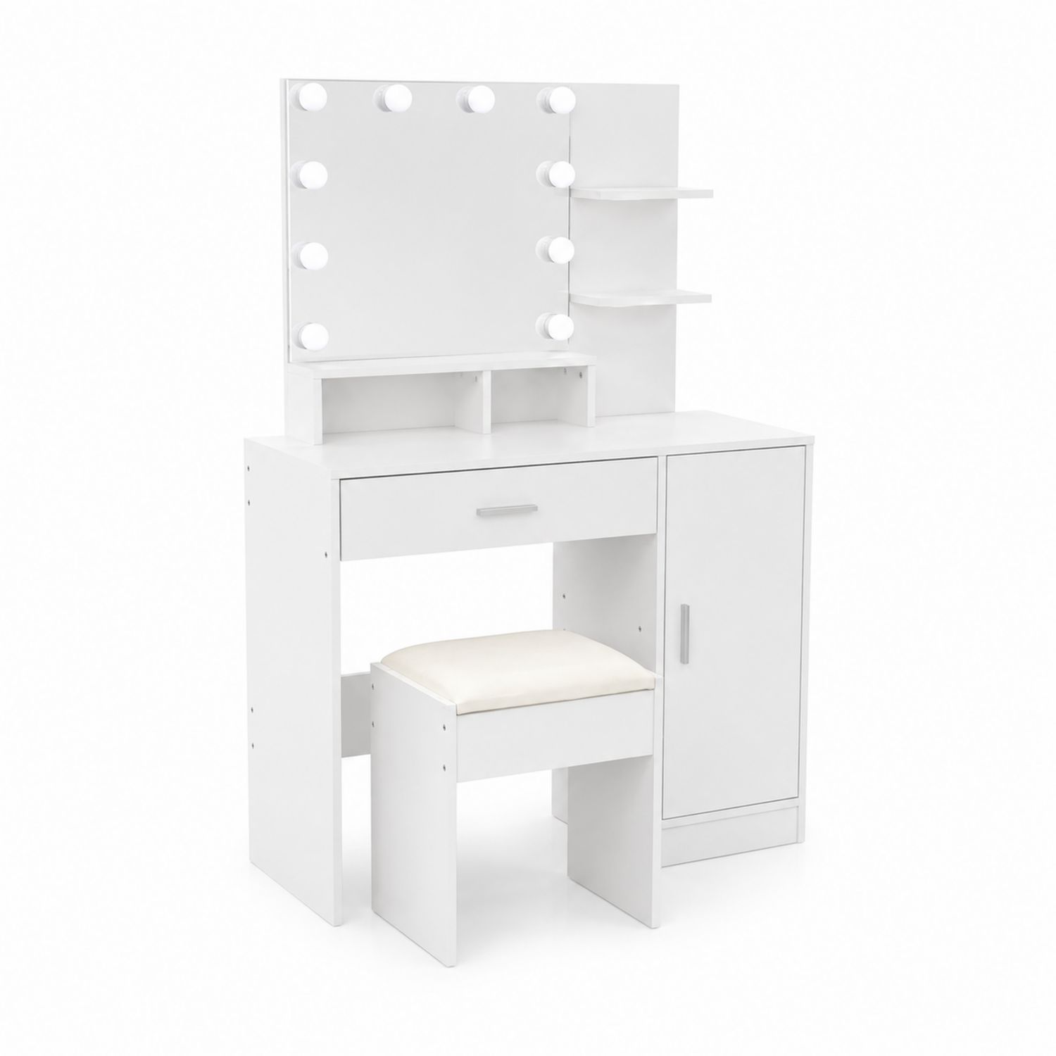 Coiffeuse avec Miroir LED et Tabouret en Bois MDF Blanc