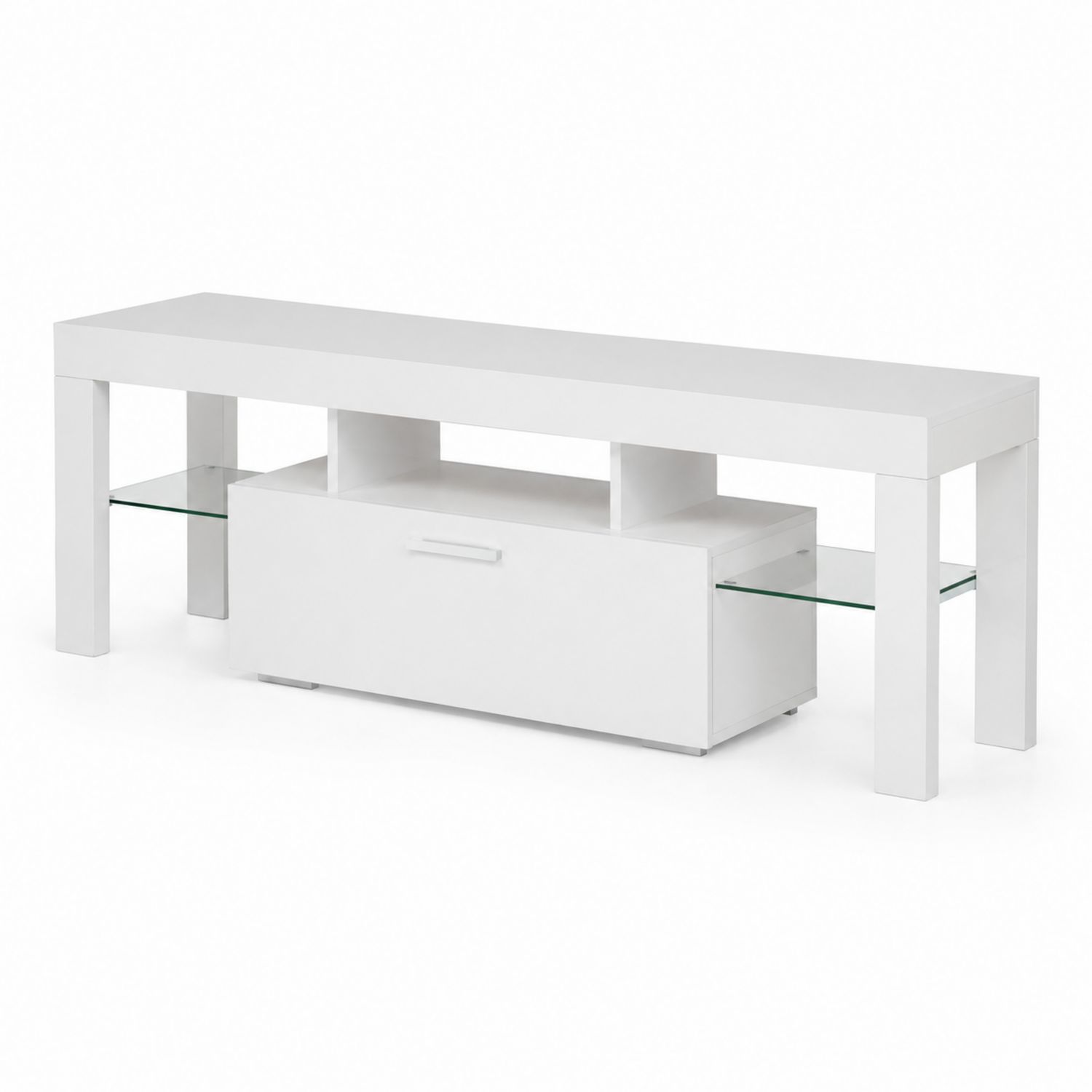 Meuble TV en bois MDF et verre trempé blanc 120 cm