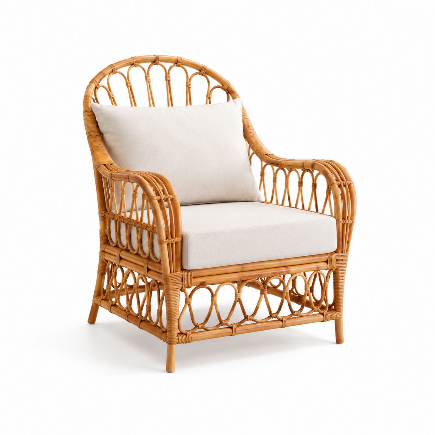 Fauteuil en rotin avec coussins en tissu polyester