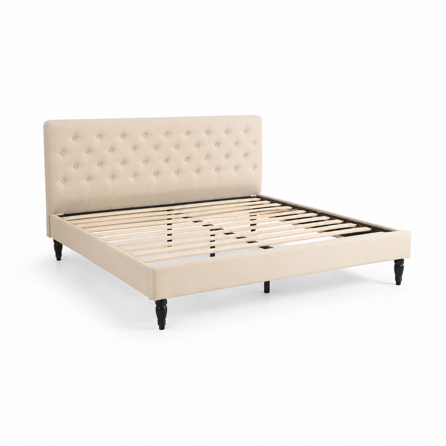Lit double en bois et tissu Polyester avec tête capitonnée