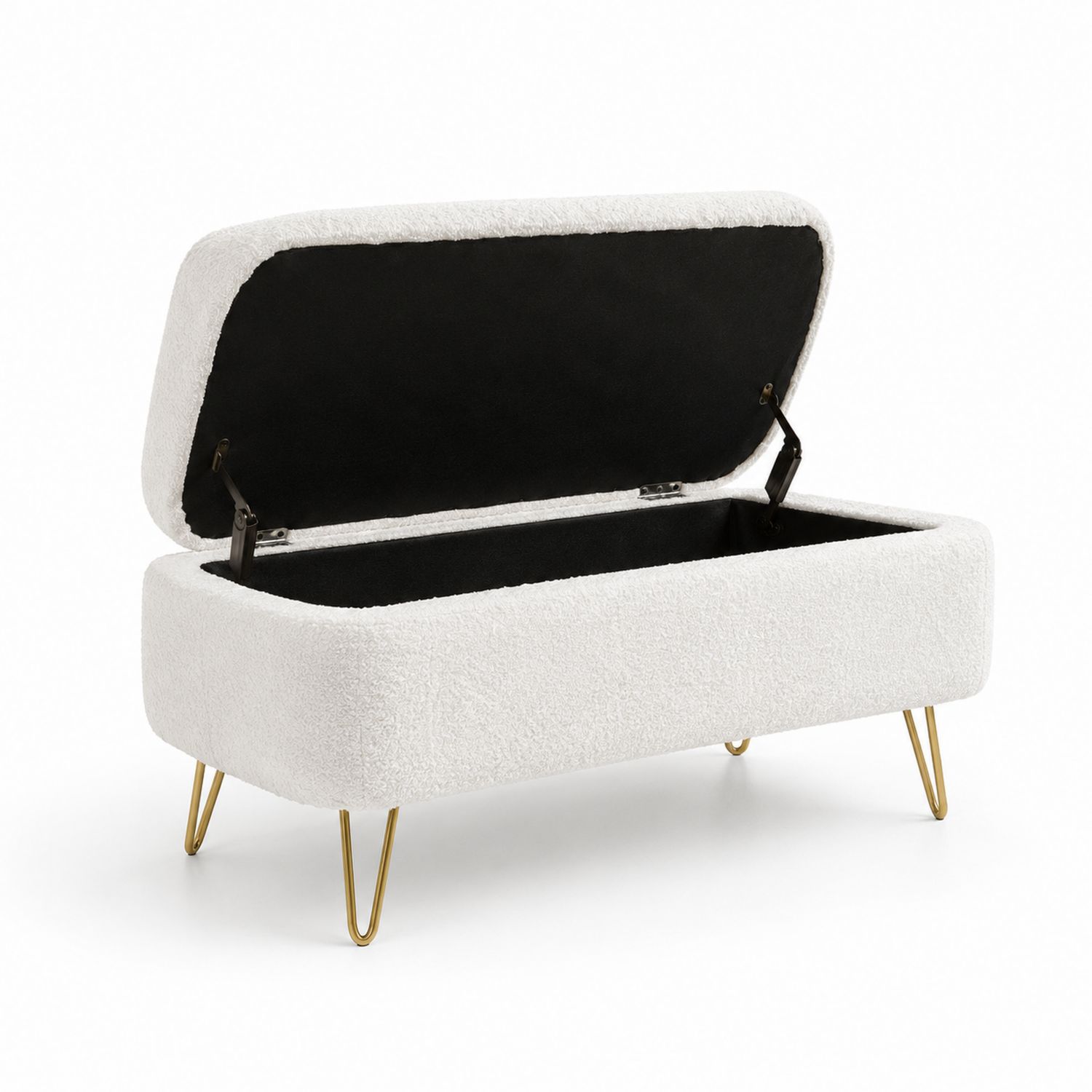 Banc de rangement en tissu bouclé avec pieds en métal doré
