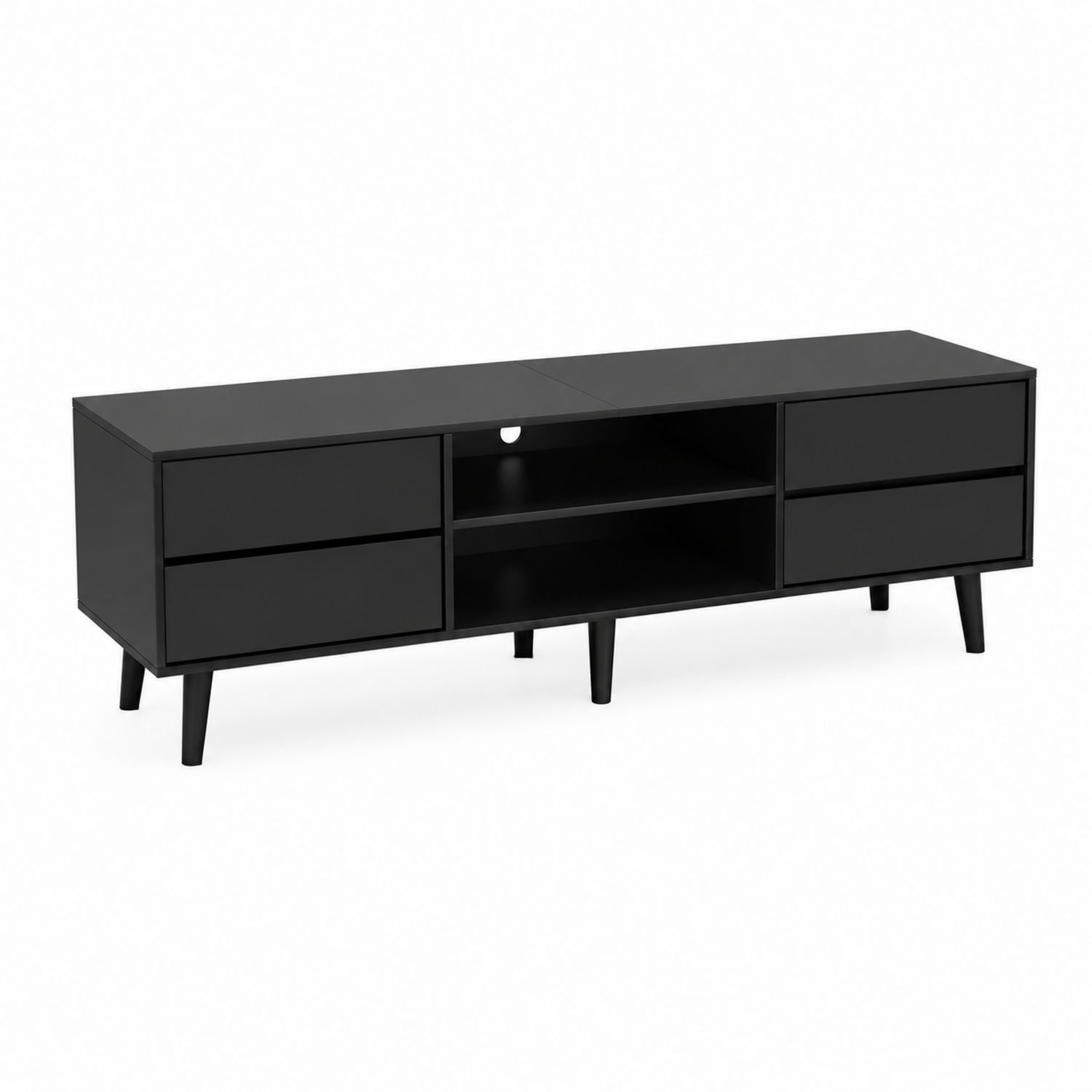 Meuble TV bois noir avec 4 tiroirs et étagères 150 cm